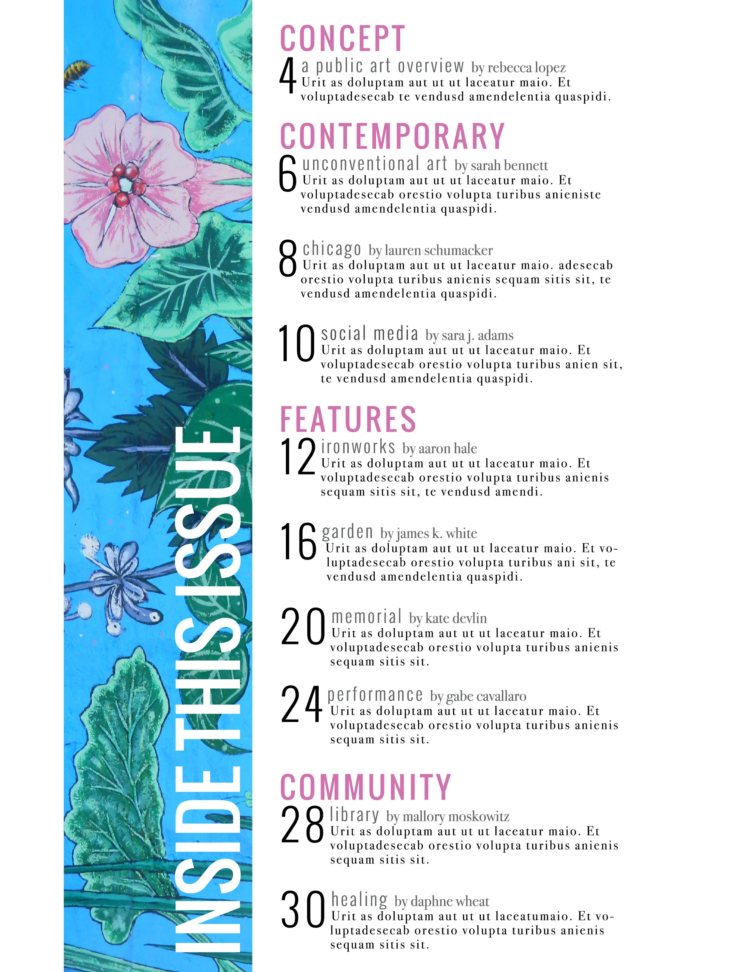 Table of contents for a magazine publication.