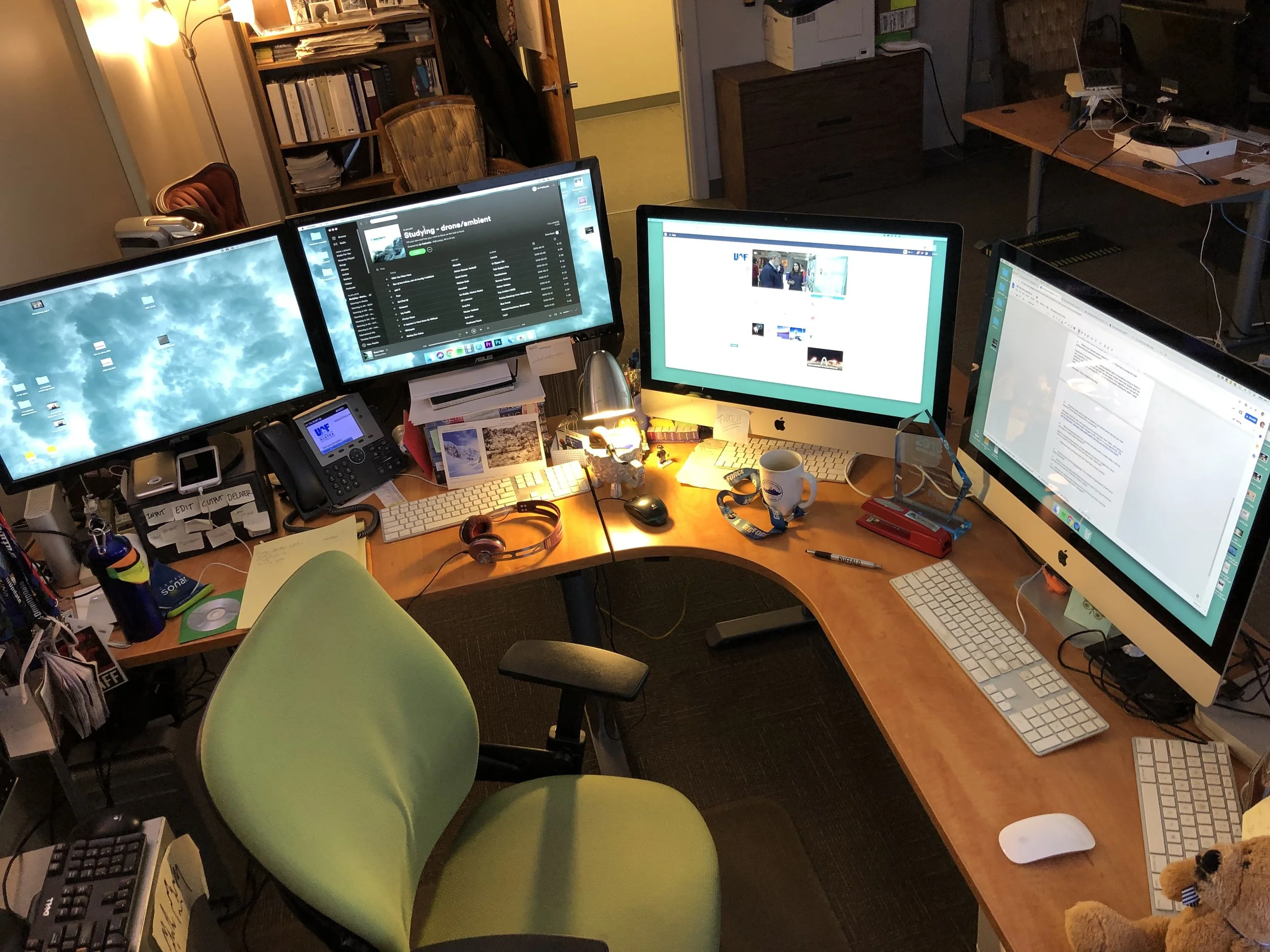 Cassel’s four screen social media command center. You can check out the study/focus playlist on the University of Alaska Fairbanks’s Spotify channel here.