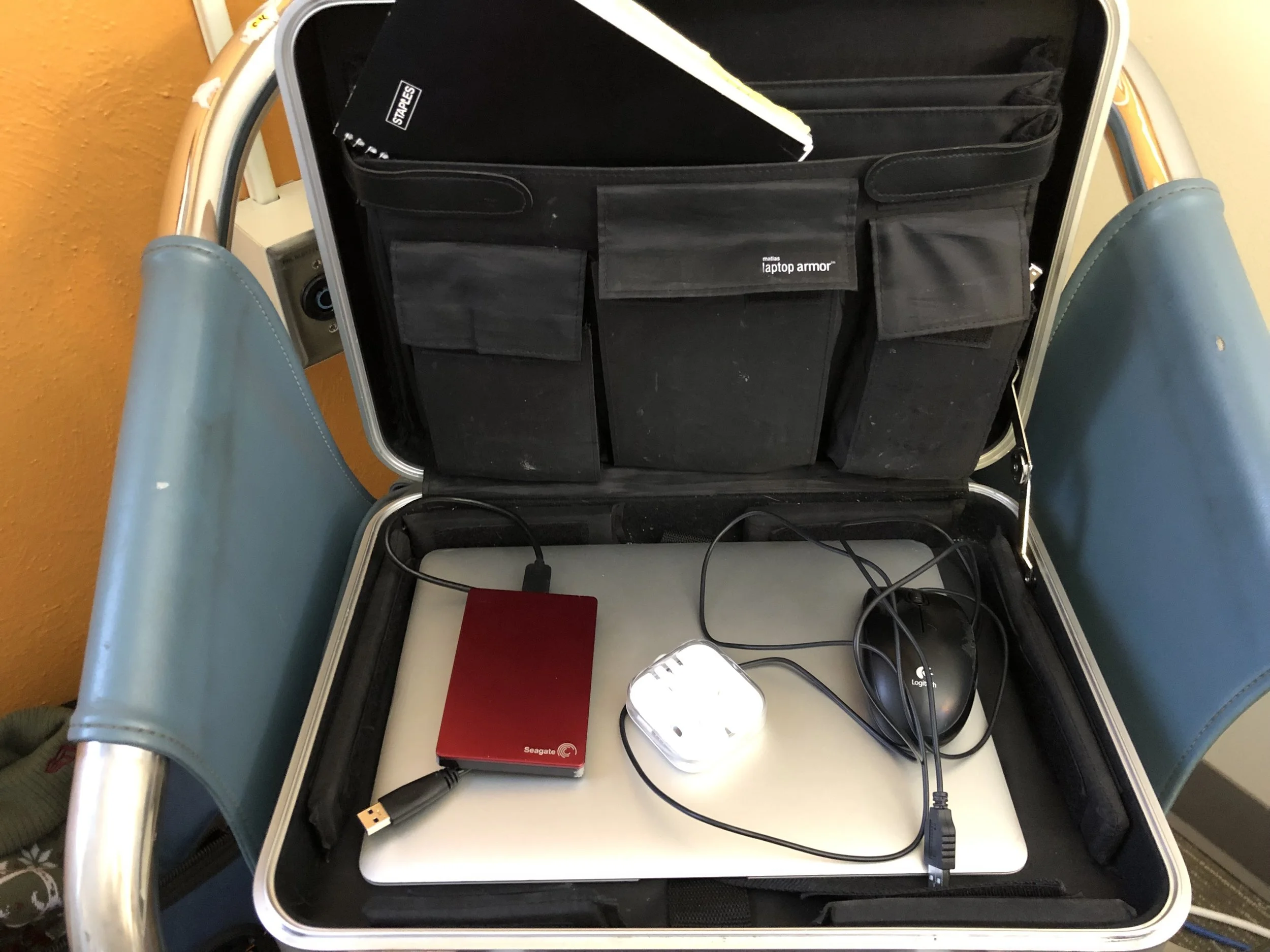 A light everyday carry with a external hard drive, earbuds, mouse, and note book; all the basic needs covered.