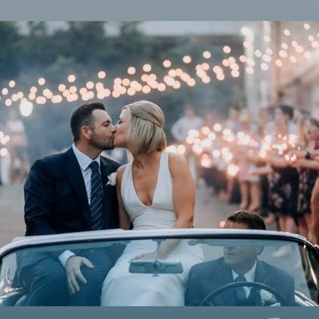 Congratulations Haley &amp; Josh!
We love this send off at dusk. The lighting is everything! Our 56 TBird loves showing off beautiful couples✨ 
@amandareedweddings @lightworks.events @grubbw @nwahighsociety