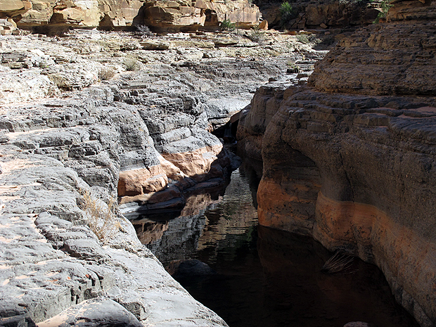 Above: The second day we hiked up river, walking on ledges above the water. Most of the time the water was not reachable due to cliffy sidewalls.