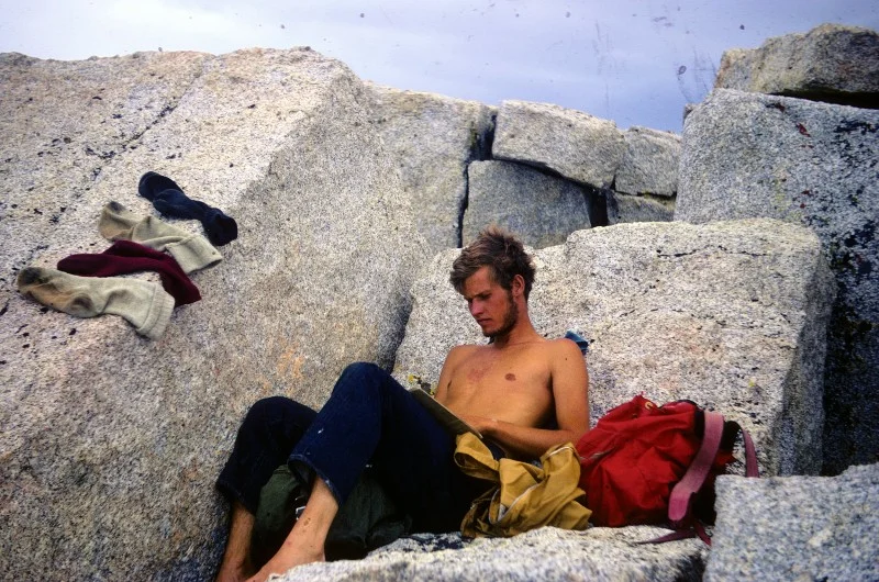 Above: me in my Skeltor phase, or after losing a pound a day for 25 days. Drying my socks off near the top of Mt. Russell.