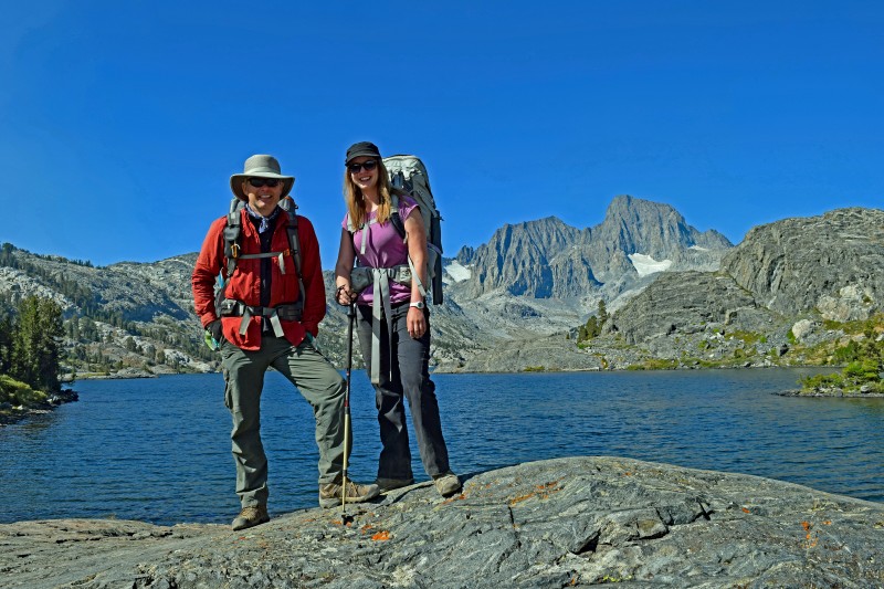 The next lake we hit was Garnet Lake, with Kevin and Jenna Anderson with the lake behind them, and Ritter and Banner Peaks in the background.