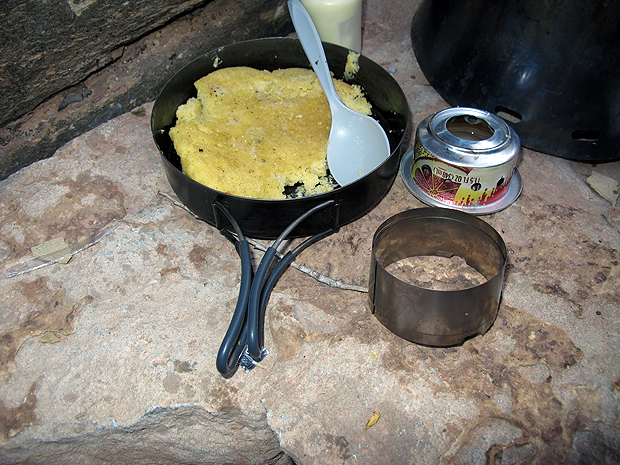 Above: TrailDesigns simmer ring and Caldera Cone stove, with cornbread made in the fry pan/pot lid.
