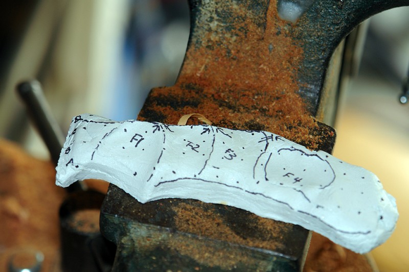 The shape above was the clay mold of Jim's right hand as he gripped the handle of the knife.