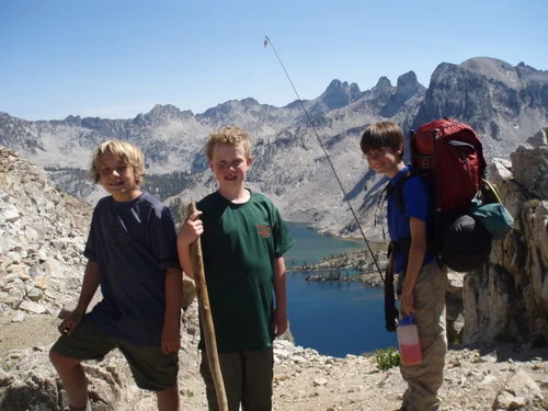 The boys on top of Snowyside Pass, overlooking Twin Lakes.