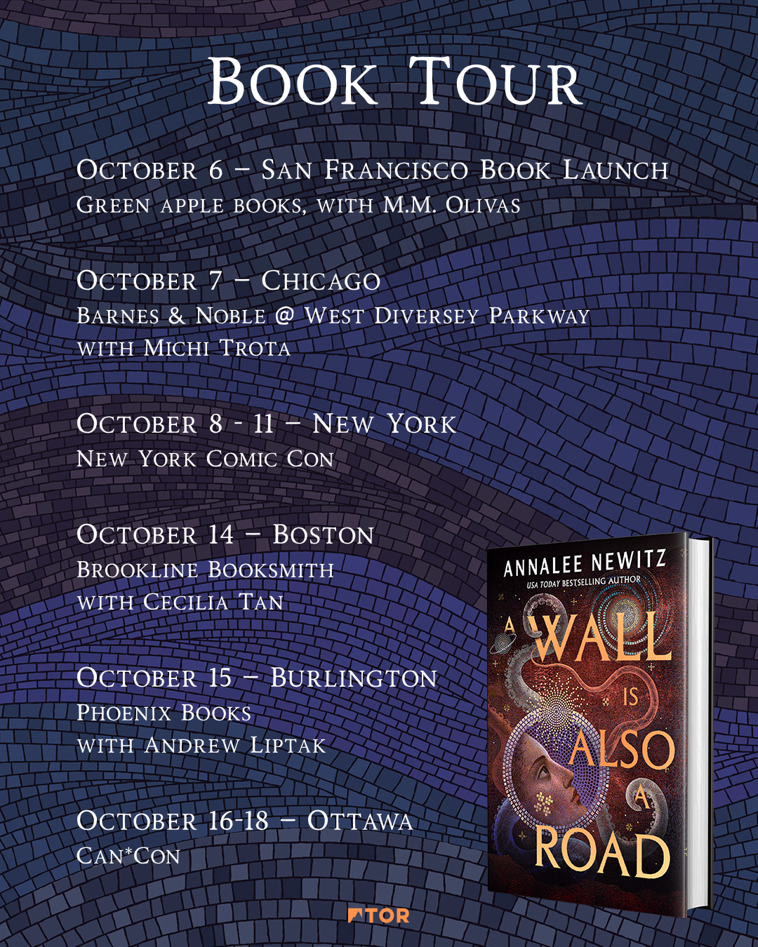 October 6 – San Francisco Green apple books with M.M. Olivas October 7 – Chicago BArnes & Noble @ West Diversey Parkway with Michi Trota October 8 - TK – New York New York Comic Con October 14 – B (1).png