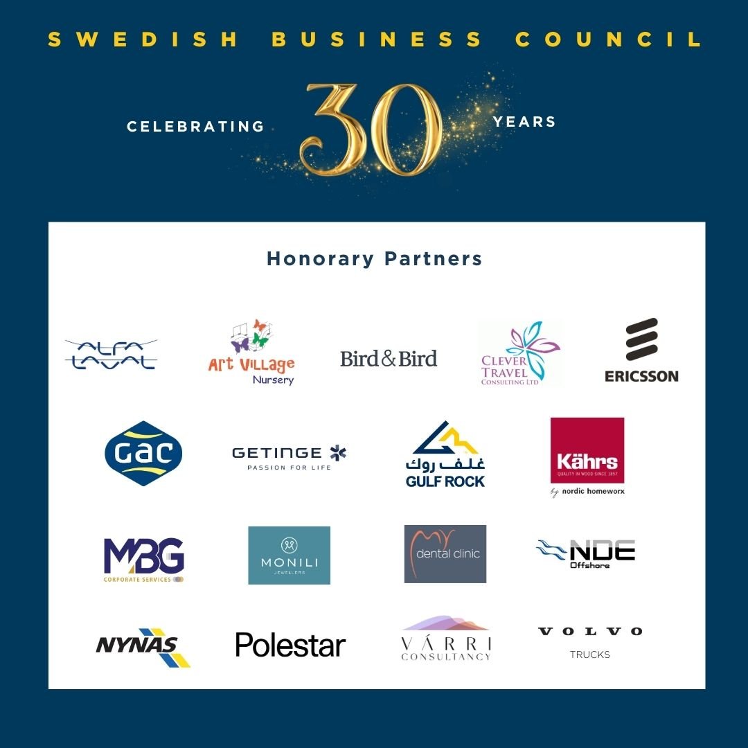 We are proud to present the SBC 30 year Honorary Partners!

Thank you for your support:
@alfalaval 
@artvillagenursery 
#birdandbird 
@clevertravelconsulting
@ericssonmea 
@gacinternationalmoving 
#getinge 
gulfrock 
@k&auml;hrs 
MBG Corporate Servic