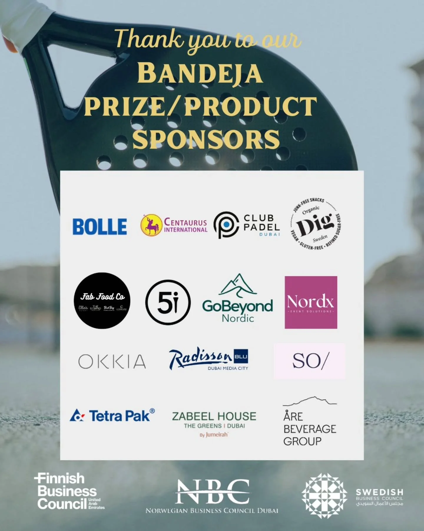 A huge thank you to our amazing product and prize sponsors for the Nordic Padel Tournament 2025! 🎾

Your generous support makes this event a true success &mdash; from fantastic prizes to great experiences both on and off the court. 

Thank you for b