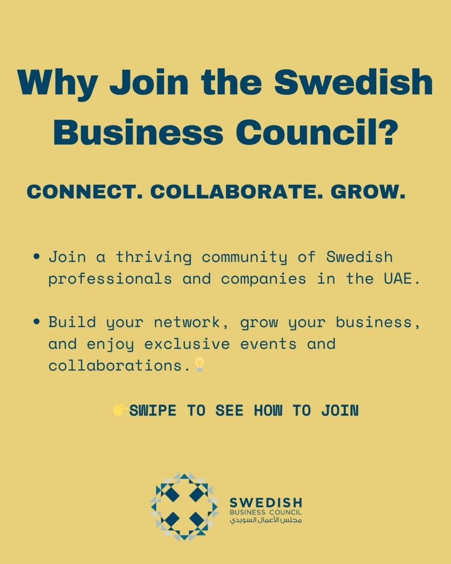 Thinking about joining the Swedish Business Council?

Swipe through to learn more about why and how to become a member, the benefits of joining our growing network, and how we help you connect, grow, and succeed in the UAE.

🔗 Learn more about membe
