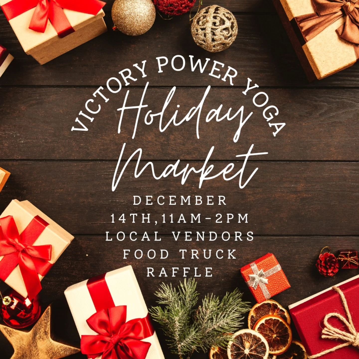 🎄 Victory Power Yoga's Annual Holiday Market 

Join us on December 14th from 11am - 2pm for our Holiday Market! 🎁 We'll have a food truck, local vendors showcasing unique gifts, and a raffle with exciting prizes. It&rsquo;s the perfect opportunity 