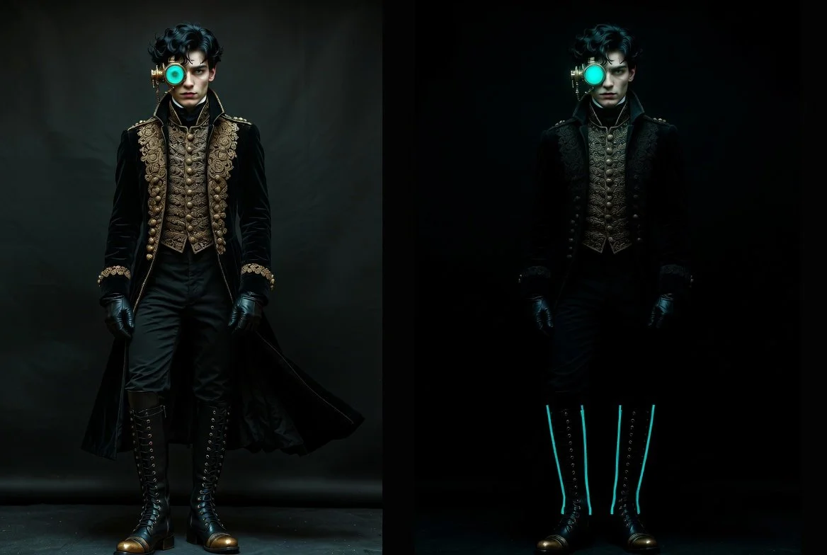 A person dressed in a black and gold Victorian-style coat, black gloves, and boots with neon blue vertical lines, standing against a dark background, with one eye covered by a glowing teal futuristic monocle or eyepiece.