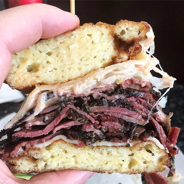 Zinger&rsquo;s Potato Pancake Reuben: pastrami with melted Swiss cheese, sauerkraut, homemade Russian dressing served between two crispy potato pancakes at Zinger&rsquo;s Delicatessen in Boca Raton, Florida 
Talk about overkill! Whats the best thing 