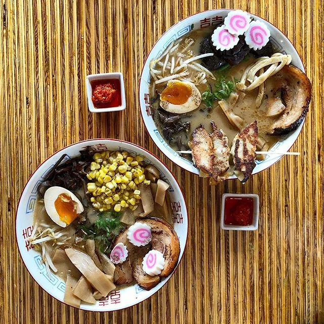 Tonkotsu Miso: 18 hour pork bone broth, miso blend, chashu pork belly, hon shimeji, soft boiled egg, menma, narutomaki, green onion, roasted corn, bean sprouts, black garlic oil, gyoza and a spicy bomb at Dragon Warrior Noodle in McAllen, Texas

Not 