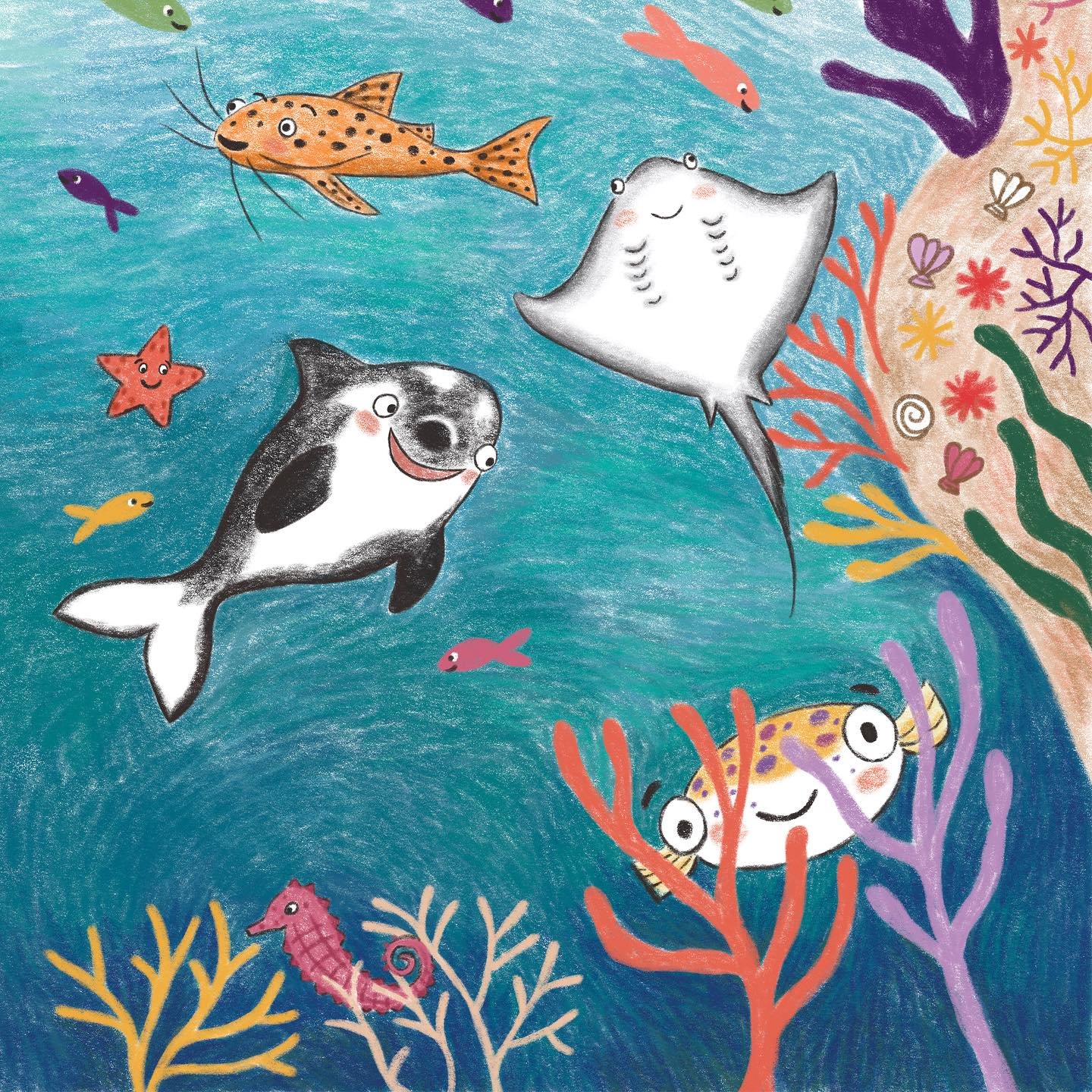 Here&rsquo;s another sneak peak of Puffy Puffs Up. 
A heartwarming picture book about an adorable pufferfish who worries and gets overwhelmed. ❤️
I loved illustrating Puffy and her friends. Can&rsquo;t wait to share more soon! 📚 🐡
#emmacarpenter #p