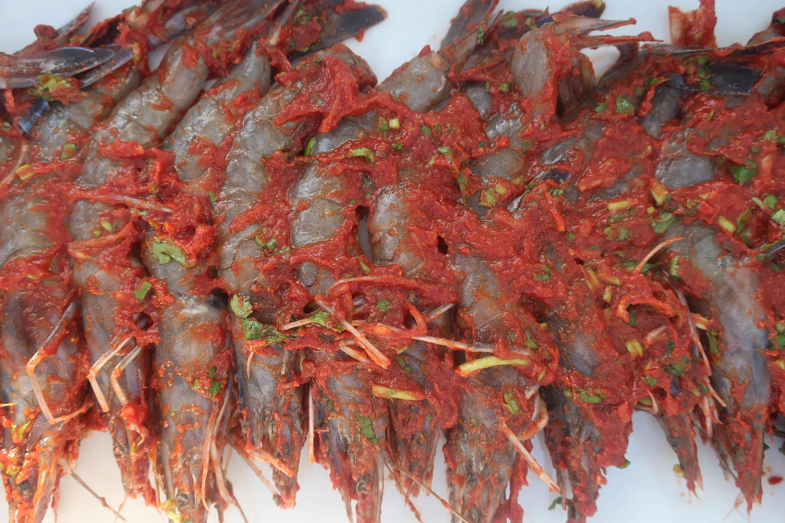 Crevettes marinées aux épices et concentré de tomates