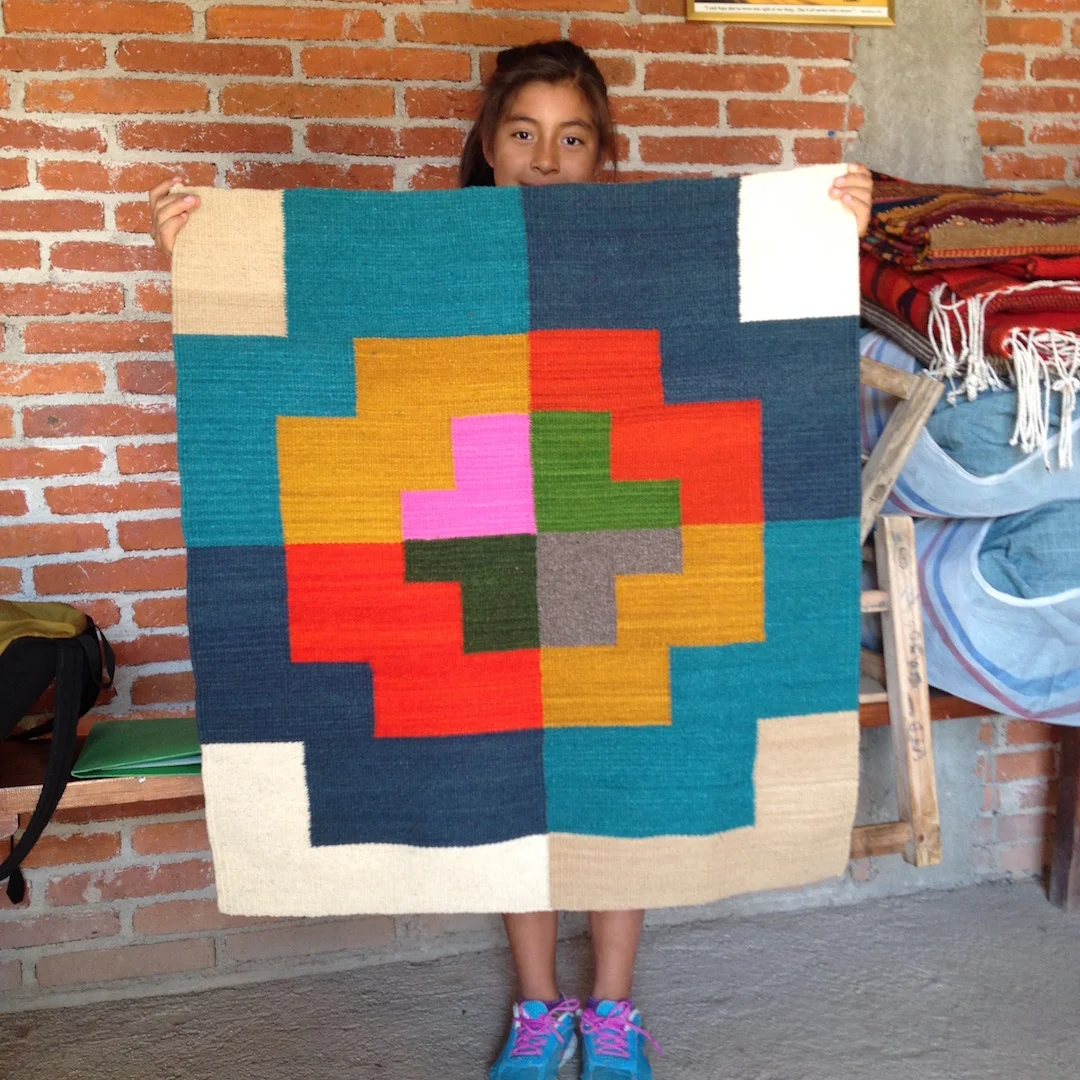  Brenda holding  dxape'eng , 2017, handy-dyed woven wool, 30 1/2" x 33", woven by Agustin Contreras Lopez 