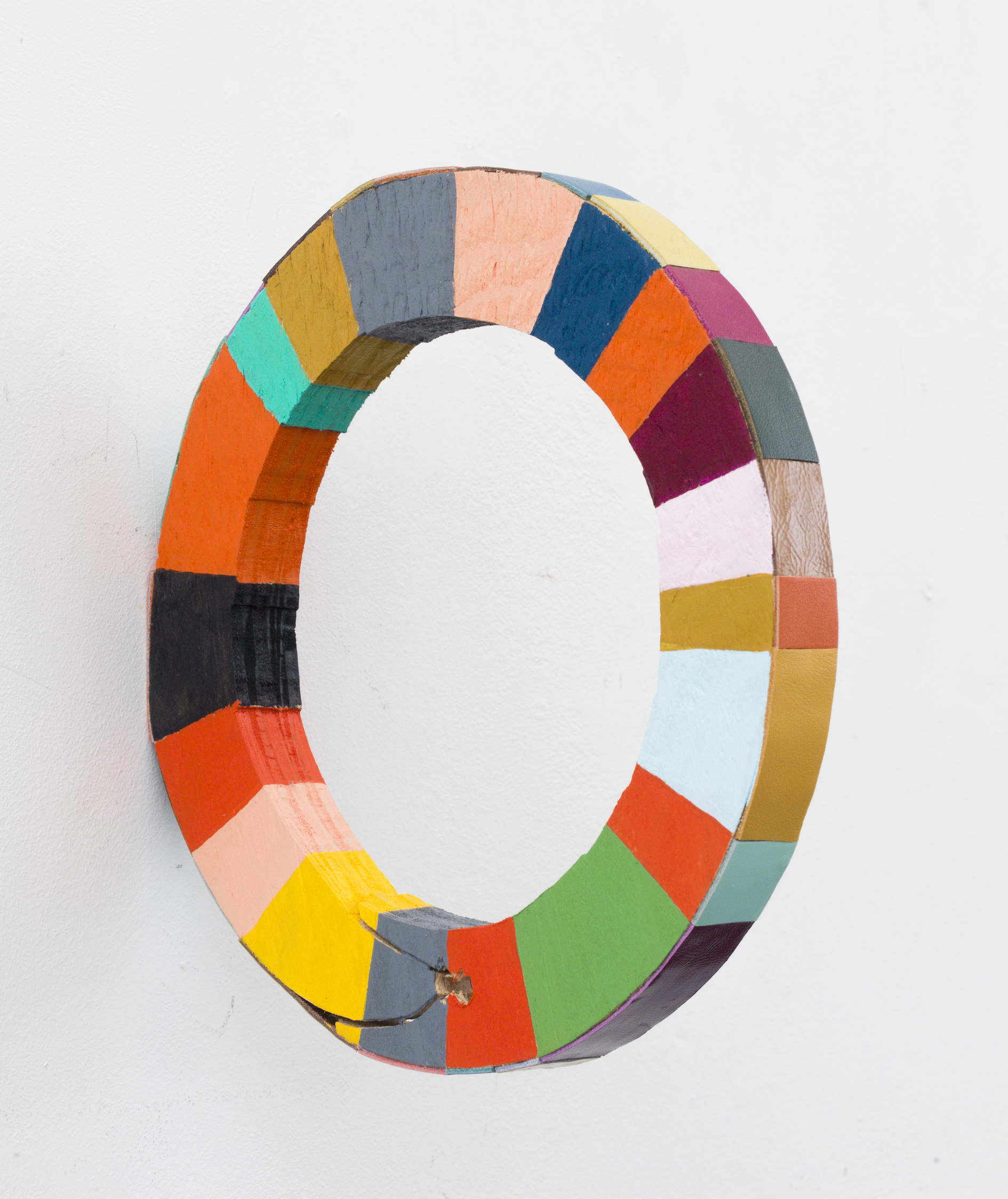 wonderwheel , 2013, acrylic and leather on wood, 8" x 1" x 8"
