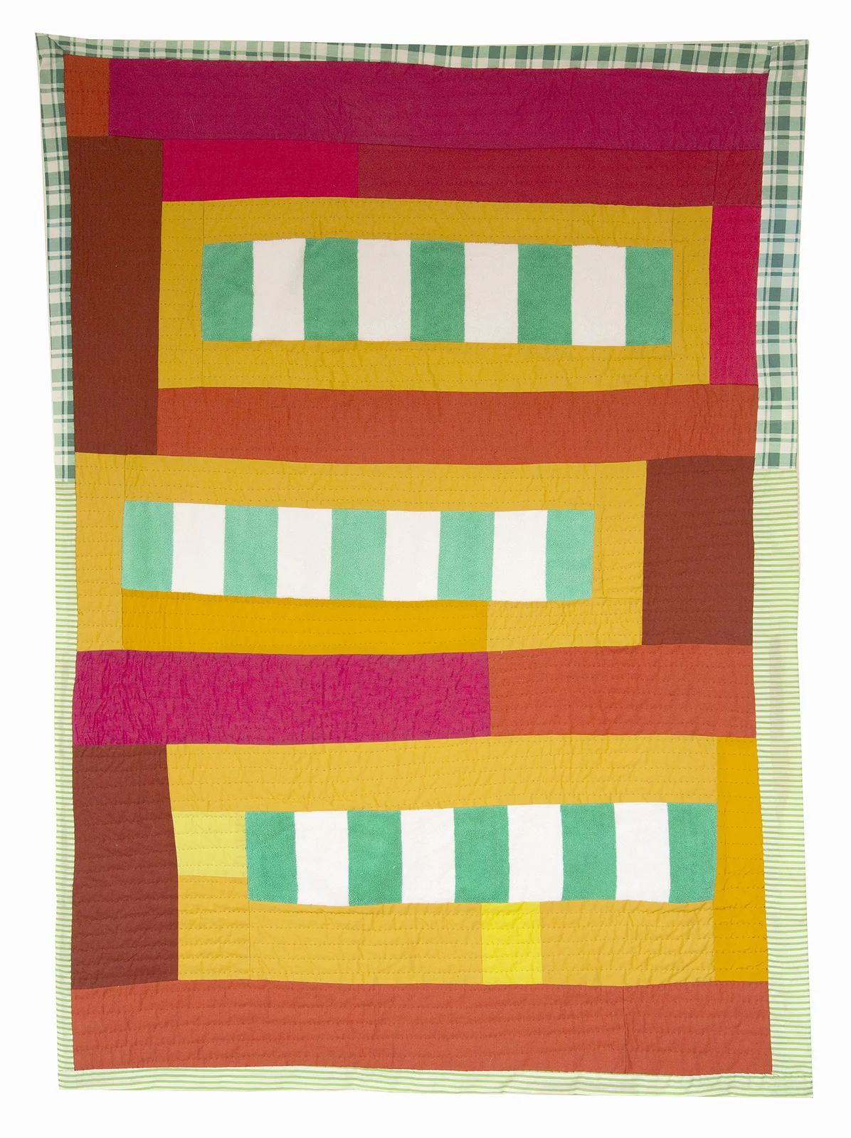   Tumble Dry ,&nbsp;2018, machine-pieced and hand-quilted linen, beach towel, polyester, plaid curtain, striped synthetic, and cotton, 57" x 40" 