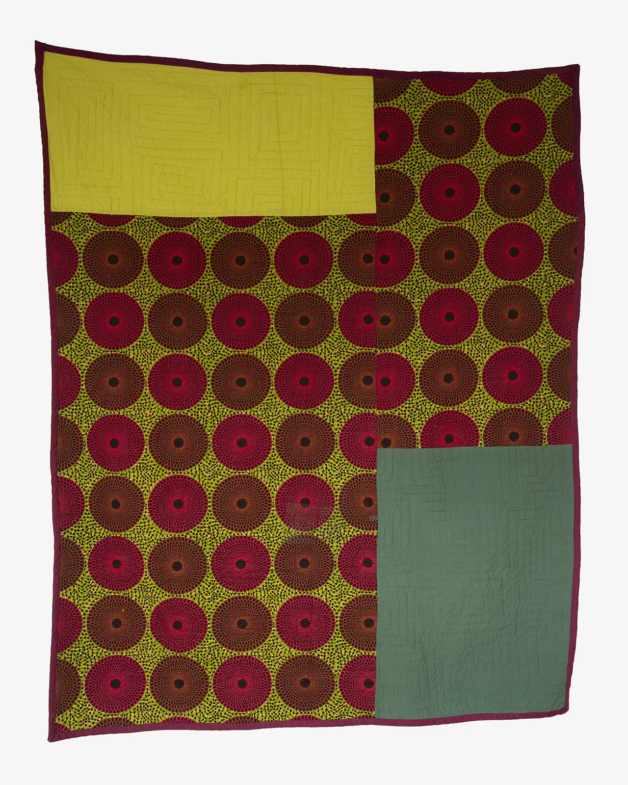   pink and phil  (verso), 2017, machine-pieced hand-quilted mens shirts, bedsheets, african dutchwax, and corduroy, 83" x 68" 
