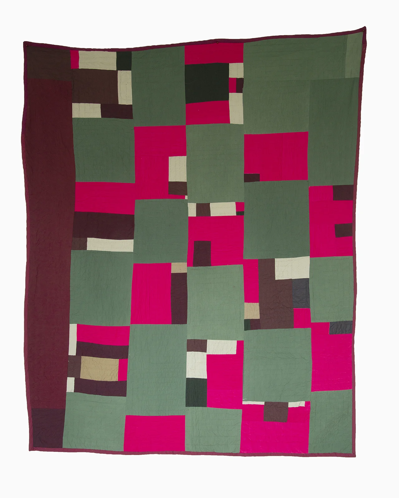 Pink and Phil, 2017 Machine-pieced and hand-quilted brother’s shirts and sheets, pink corduroy, and African Dutch Wax fabric, 83" x 67"