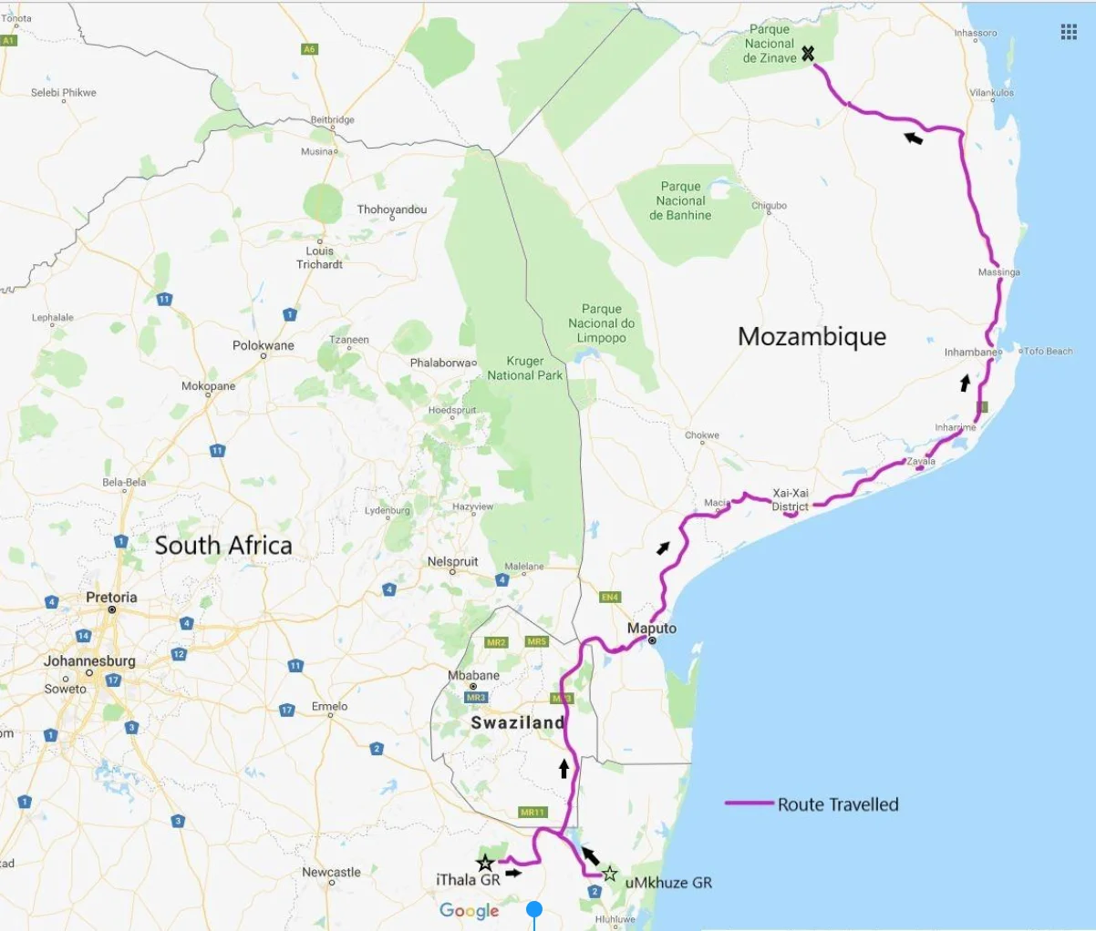 The 777 mile (250 km), 3 country-wide, route travelled by the 53 elephants.