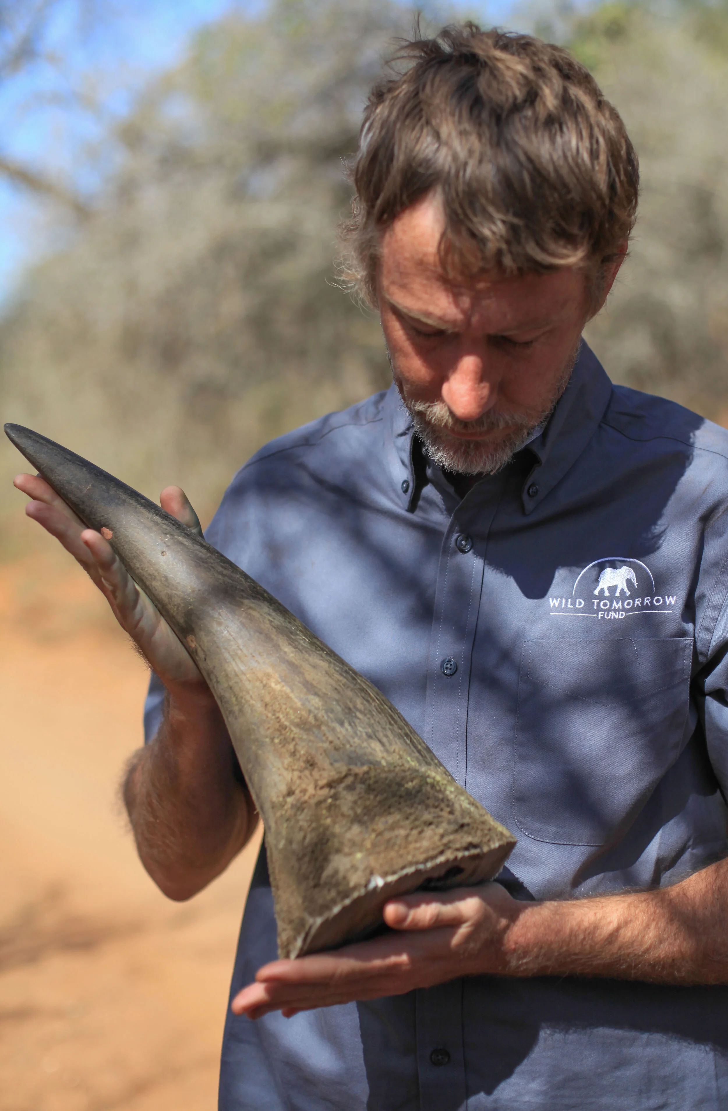 Our ecologist Clinton Wright, holding the horn of a rhino.