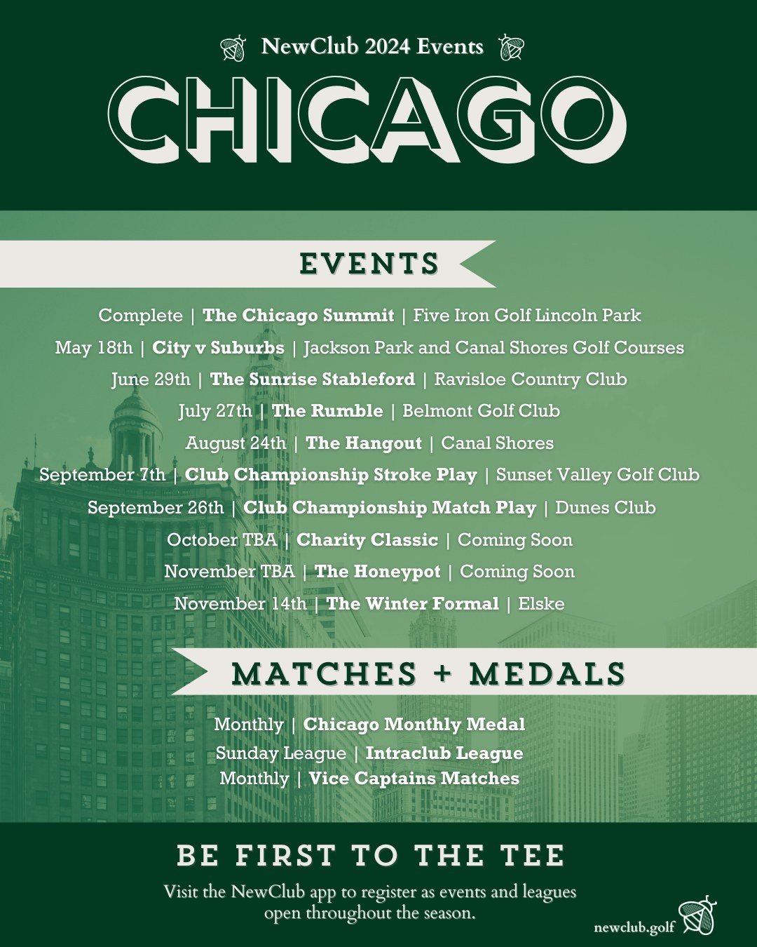 Our Chicago Chapter local events, matches, and medals schedule for 2024 is set!

Visit the Newclub app to register as events and leagues open throughout the season. 

#chicago #newclubgolfsociety #newclubchapterevents #playandpollinate