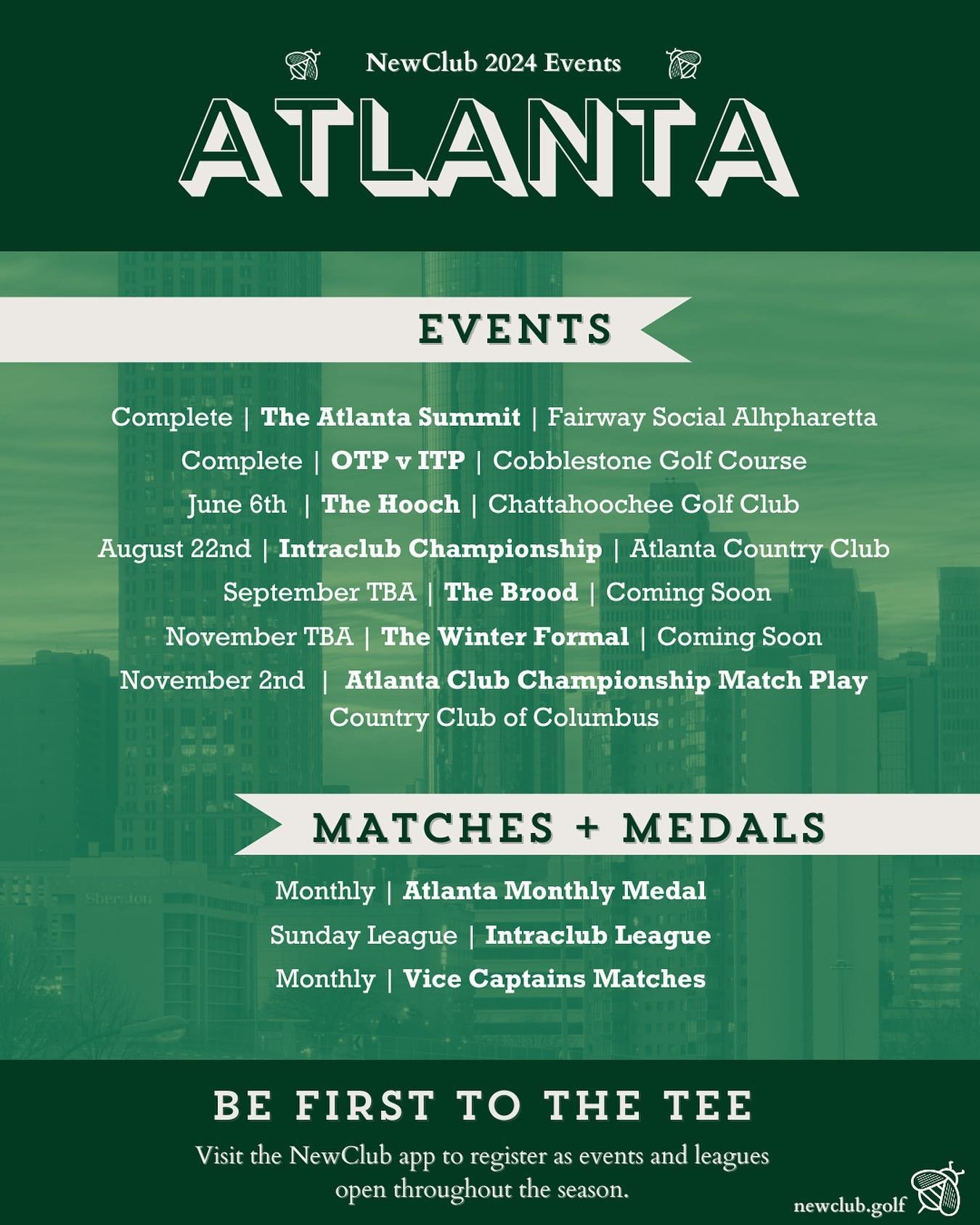 Atlanta! Our local chapter events, matches, and medals schedule for the year is set. 🙌🏼

Visit the Newclub app to register as events and leagues open throughout the season. 

#Atlanta #newclubgolfsociety #newclubchapterevents #playandpollinate