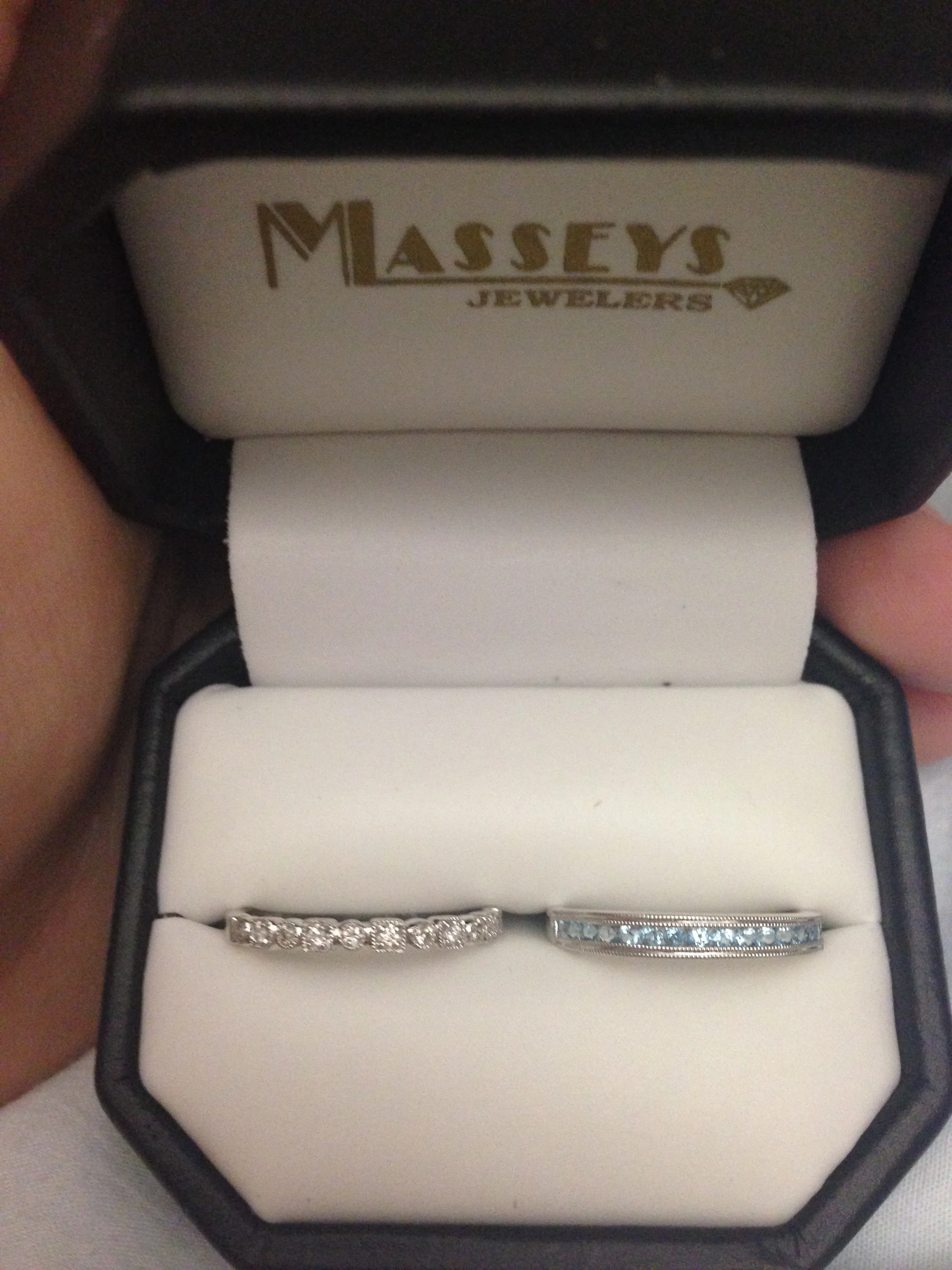Kris surprised me with a "push" present! The blue is Boston's birthstone and the white is Kris' birthstone. She's thoughtful, always!