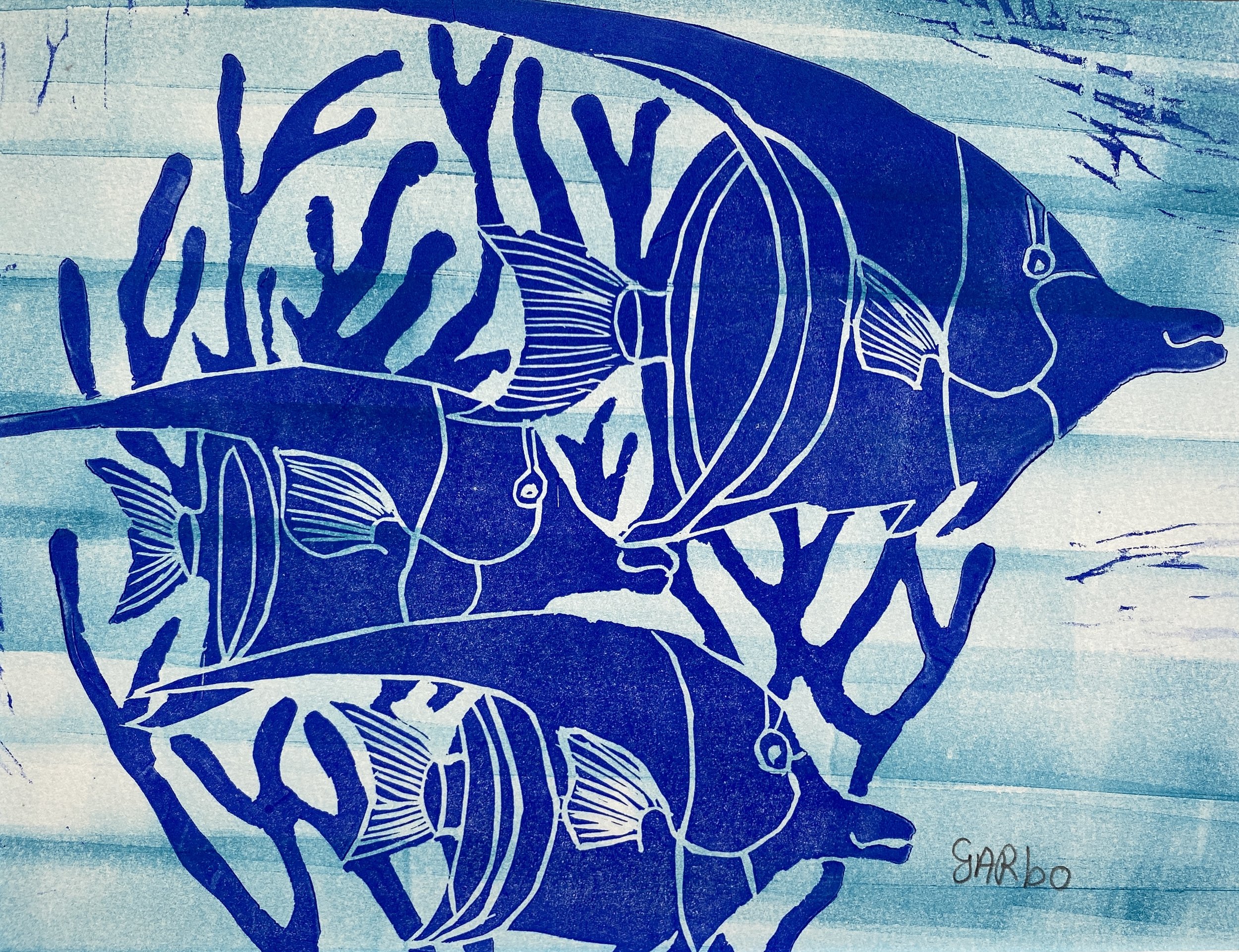 "Reef Fish 2", Linocut, 25 x 31 cm, $75 USD