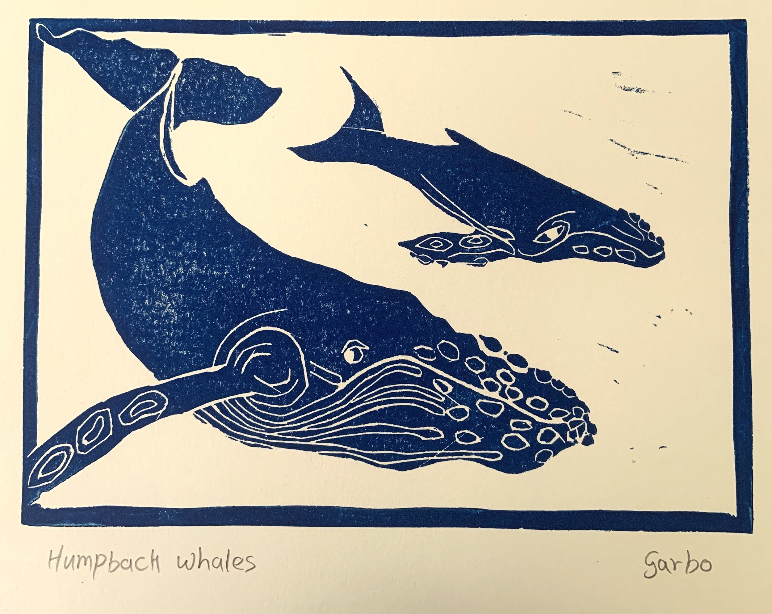 "Humpback Whales", Linocut, 25 x 31 cm, $75 USD