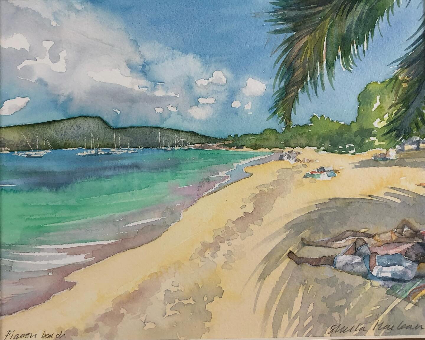 ✨New Work✨ Original Watercolour by Shiela Maclean of Pigeon Beach, Antigua. A popular beach that locals and visitors enjoy for it&rsquo;s calm and shallow waters. Pigeon Beach sits at the entrance to Falmouth Harbour. It&rsquo;s a lovely spot to watc