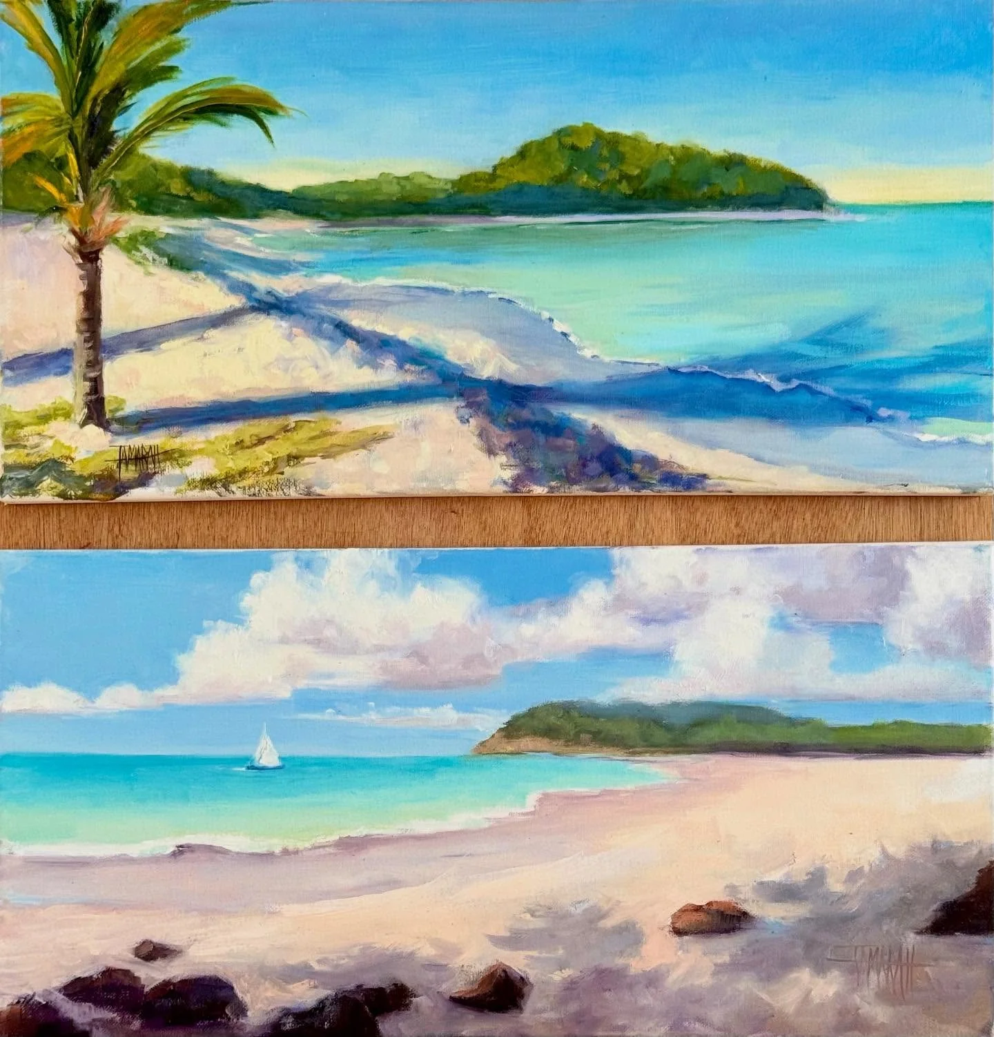 This week two new Tamara Hutchinson @theworksoftamarah artworks have arrived at the Fig Tree Studio Art Gallery. The top - Titled- &ldquo;Sunrise Walk at Johnsons Point &ldquo; and below - Titled - &ldquo; Beach day at Fryers Beach&rdquo; Both pieces