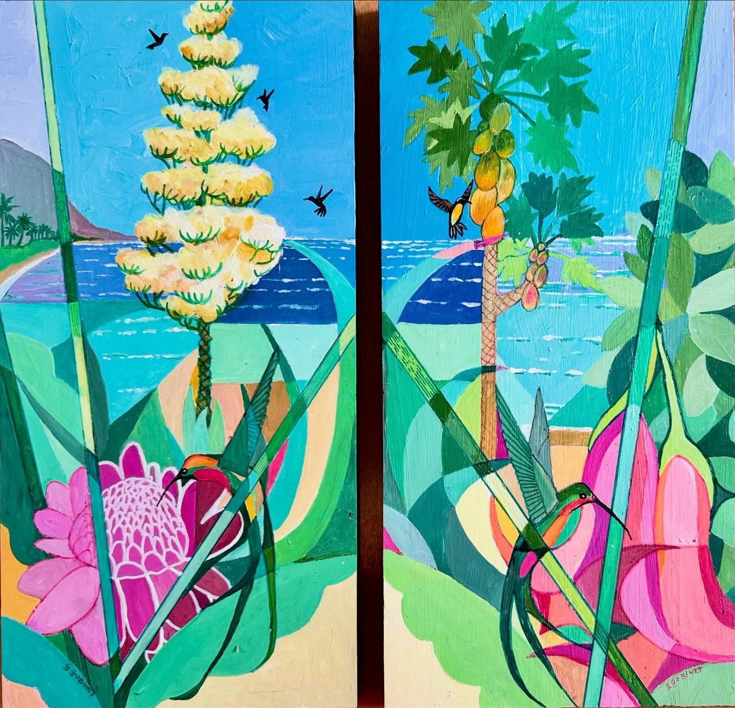 @gillygobinet diptych featuring tropical flora and fauna. Titled &ldquo;Exotic Harmony&rdquo;  Gilly has produced this piece using acrylic on wood and colours found in nature within her Caribbean surroundings. Both abstract pieces are based on the go