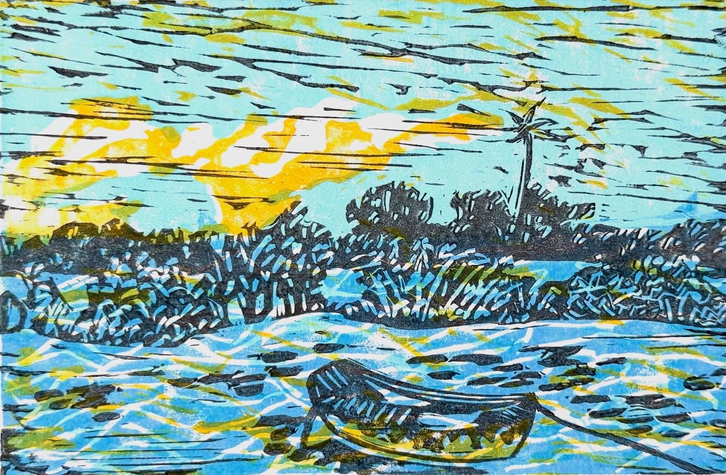 🇦🇬New🇦🇬Antiguan artist Shawna Mason. Her multi block linocut &ldquo;Docked&rdquo; captures the Caribbean blues on a breezy day. This time of year the prevailing tradewinds will keep the island cool.  The current forecast for this week is a bluste