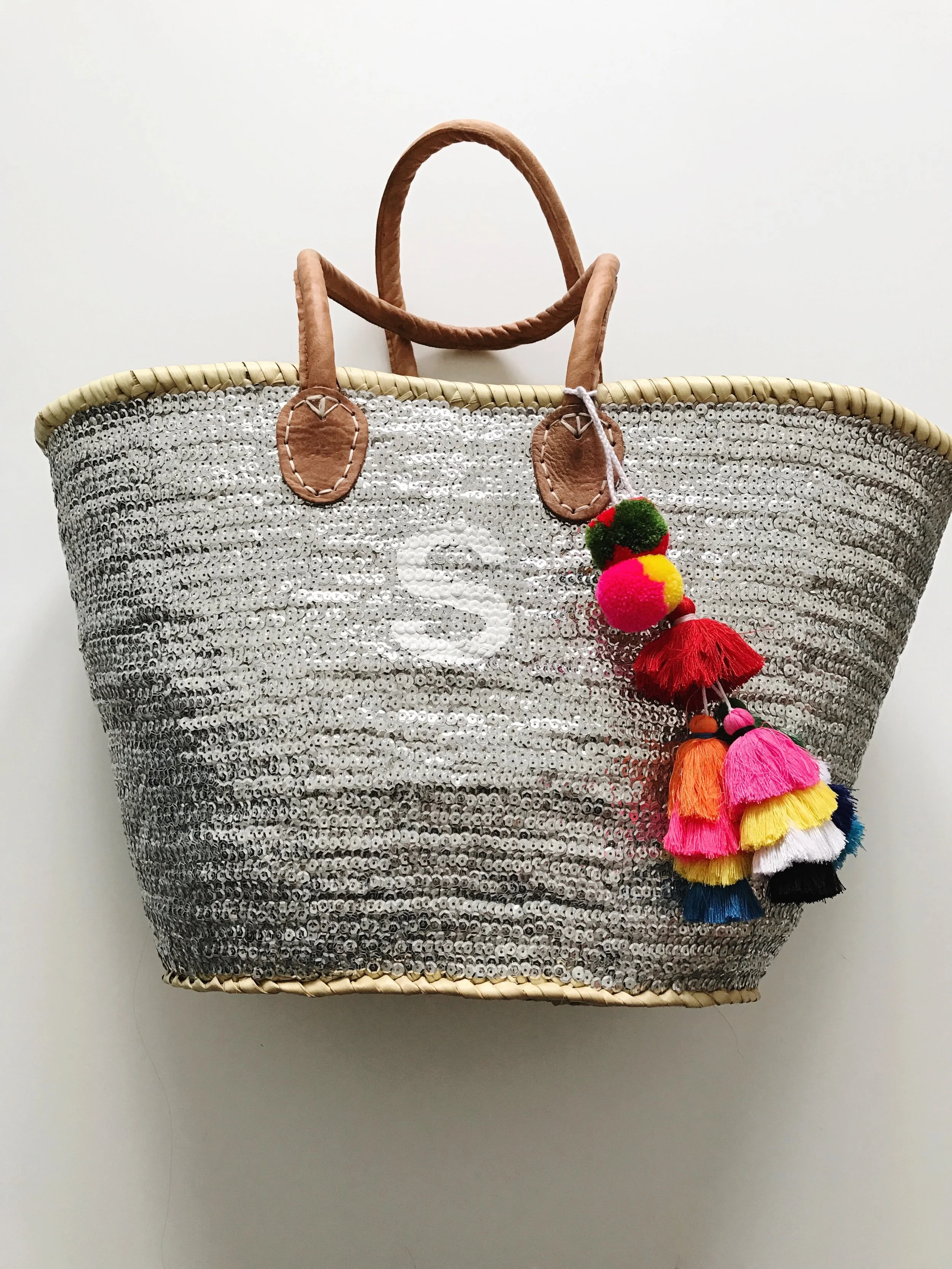 S monogram sequin tote with tassels, houston
