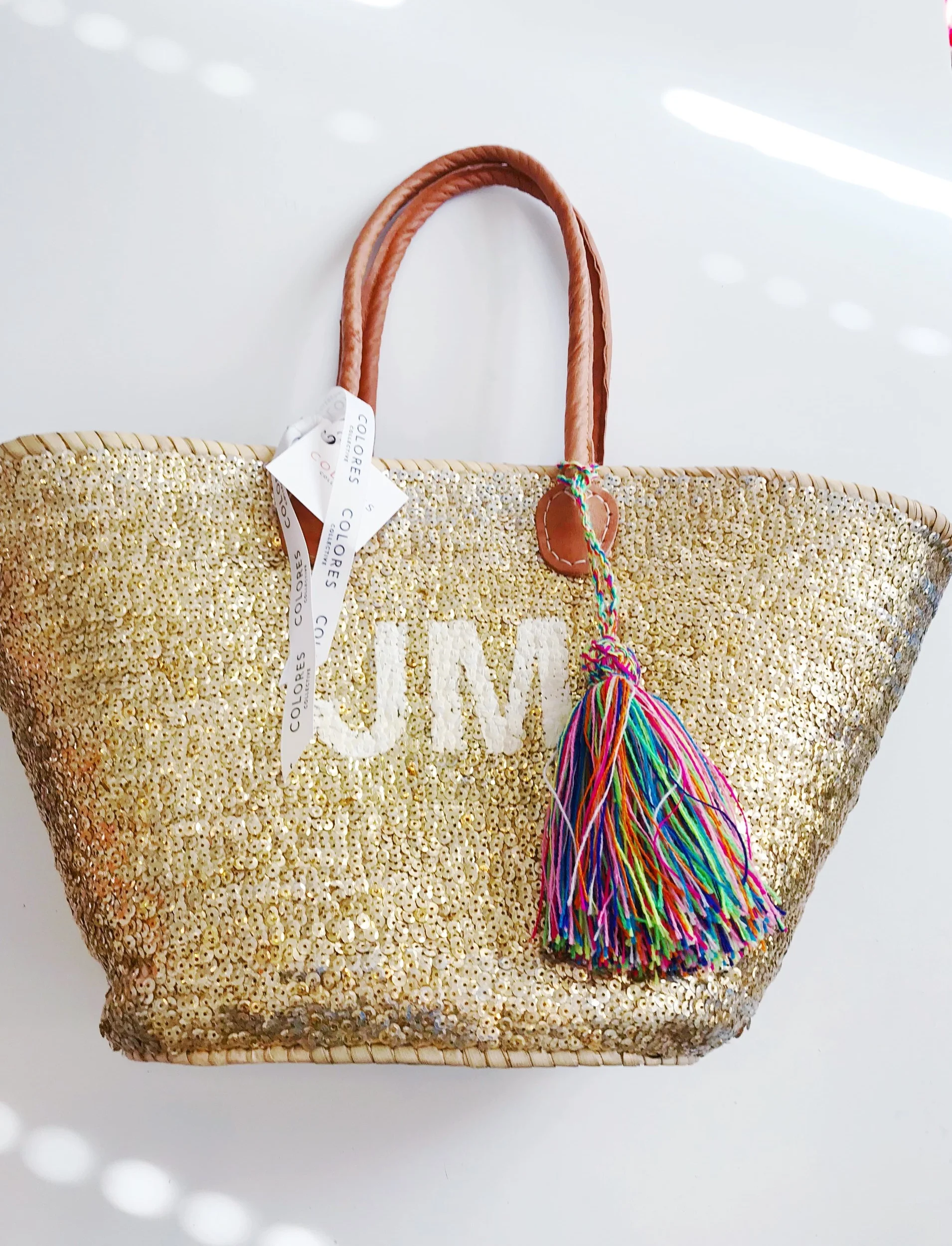 straw tote and hand painted initials tote