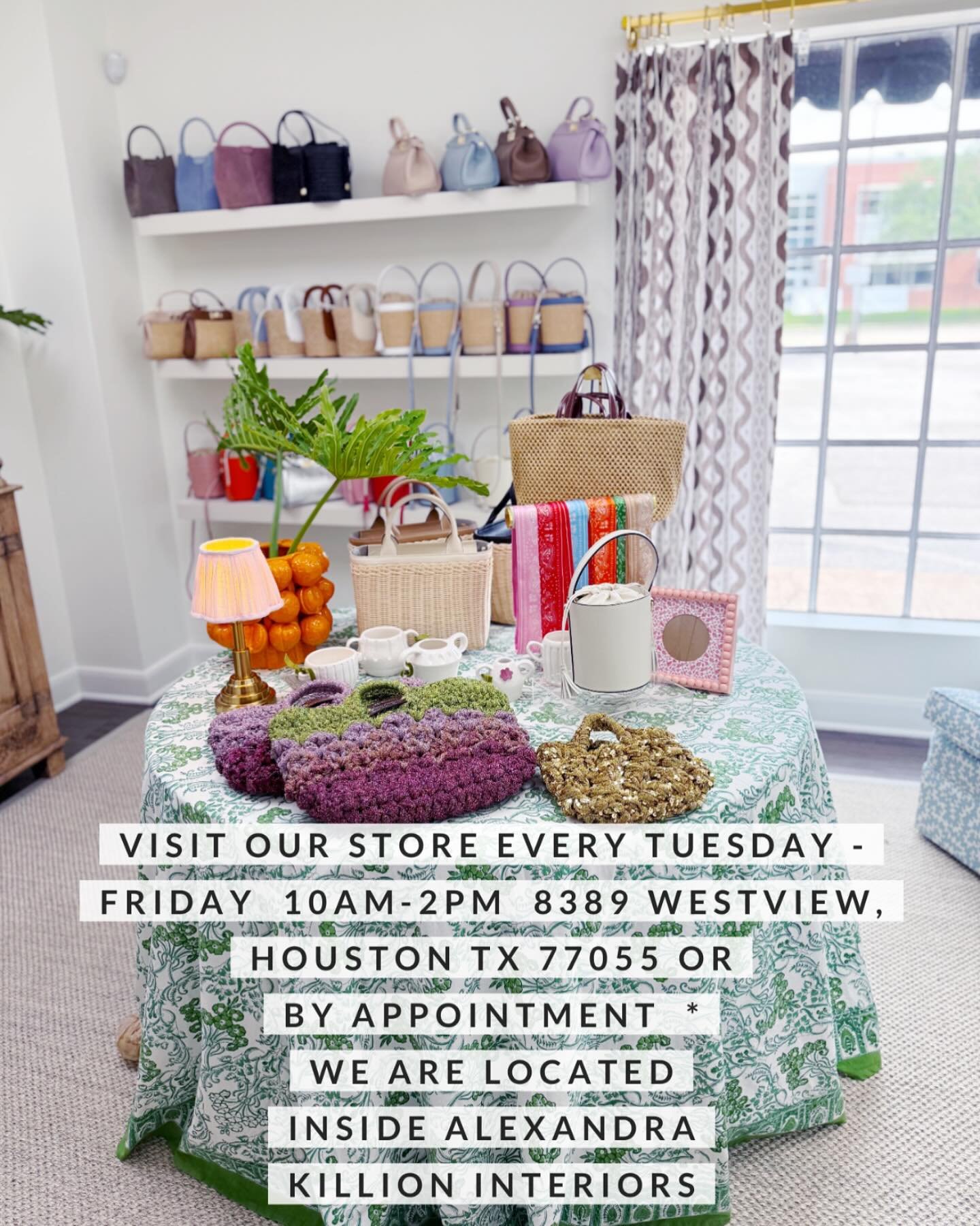 We&rsquo;re OPEN! Shop in person every Tuesday- Friday from 10am-2pm. We are located at 8389 Westview Dr, Houston TX 77055 inside @alexandra.killion.interiors ! We have bags, vases and other small giftables ❣️