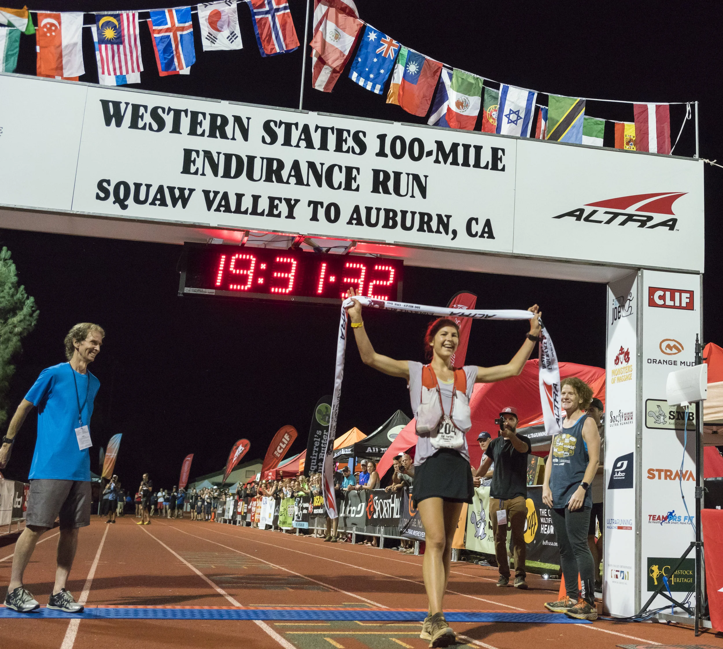 Cat Bradley crossing the finish line at Western States. Photo by Paul Nelson.