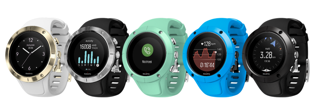 Spartan Trainer Wrist HR is available in five styles (L-R): Gold, Steel, Ocean, Blue and Black.