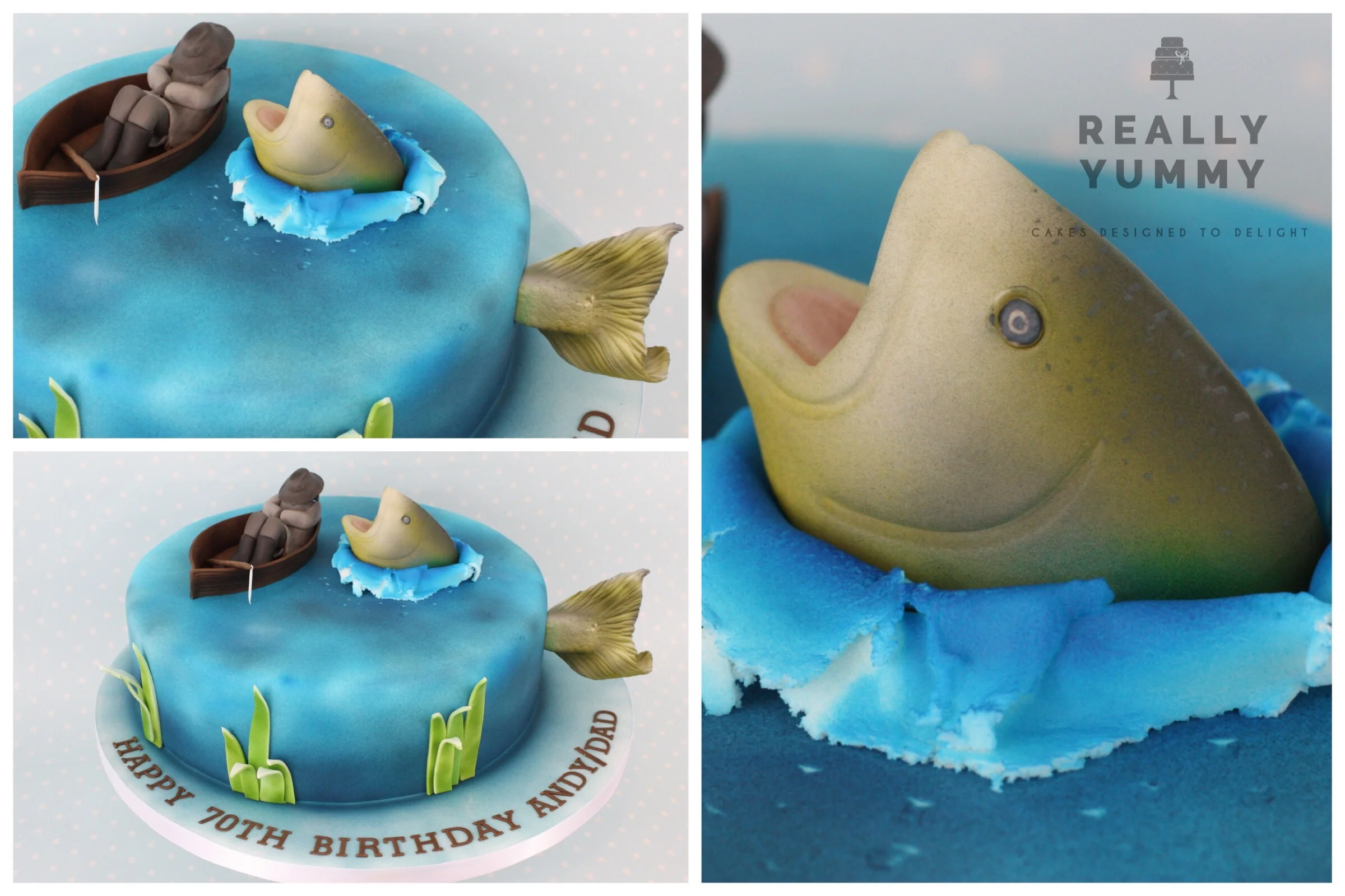 Fishing cake, with salmon and man in boat