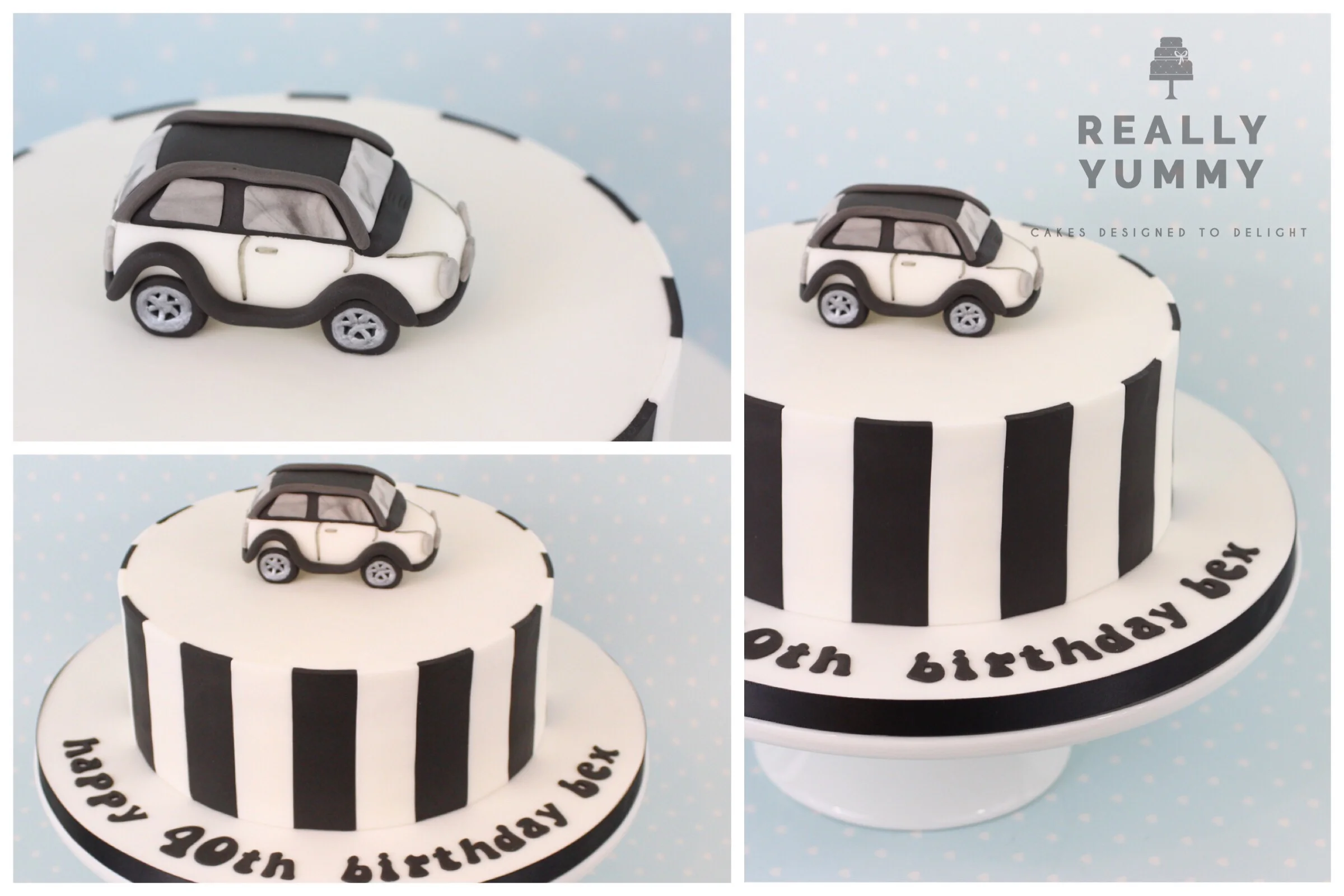 Mini car cake, with monochrome stripes