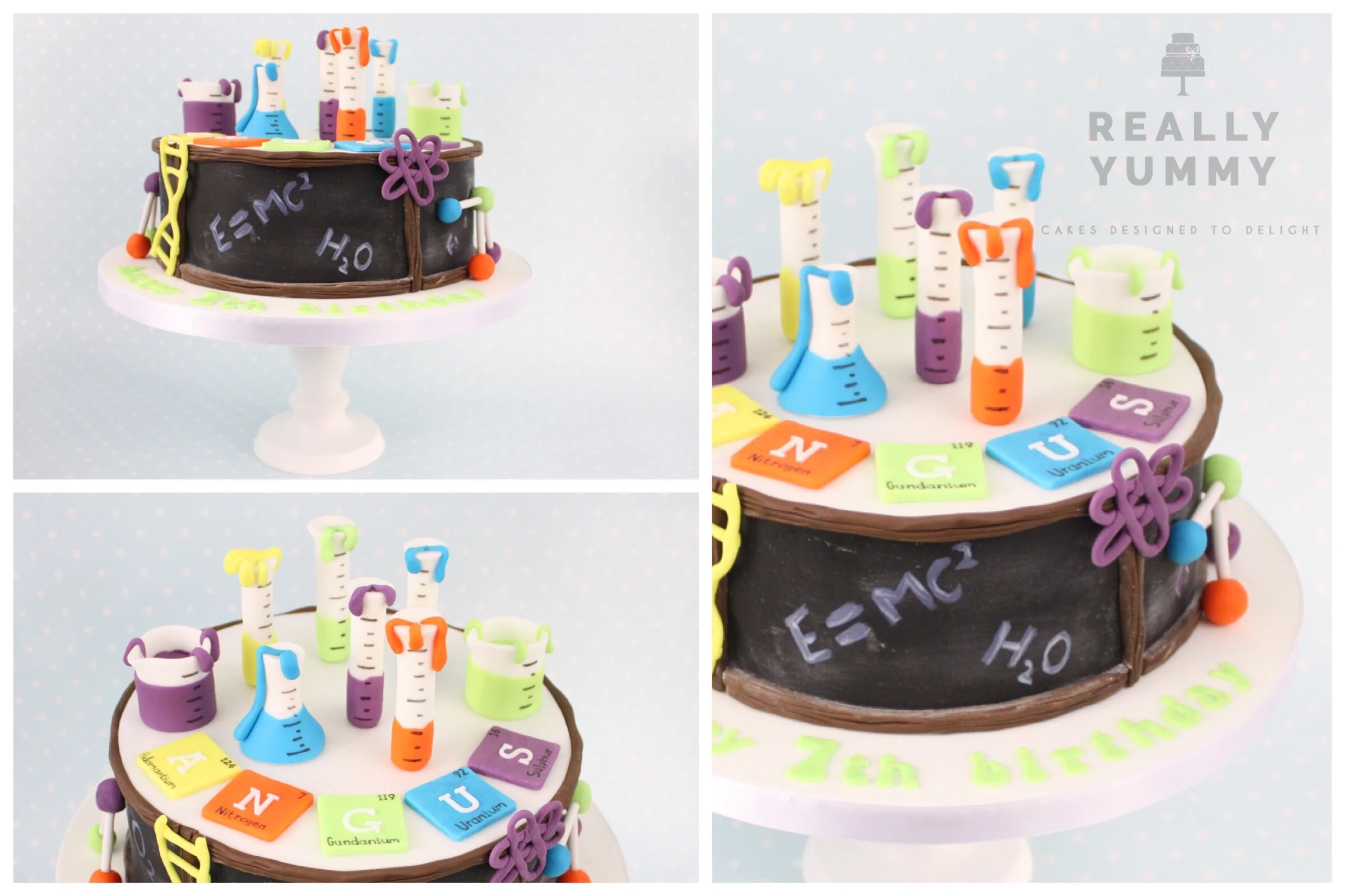 Science cake with test tubes and chemical symbols