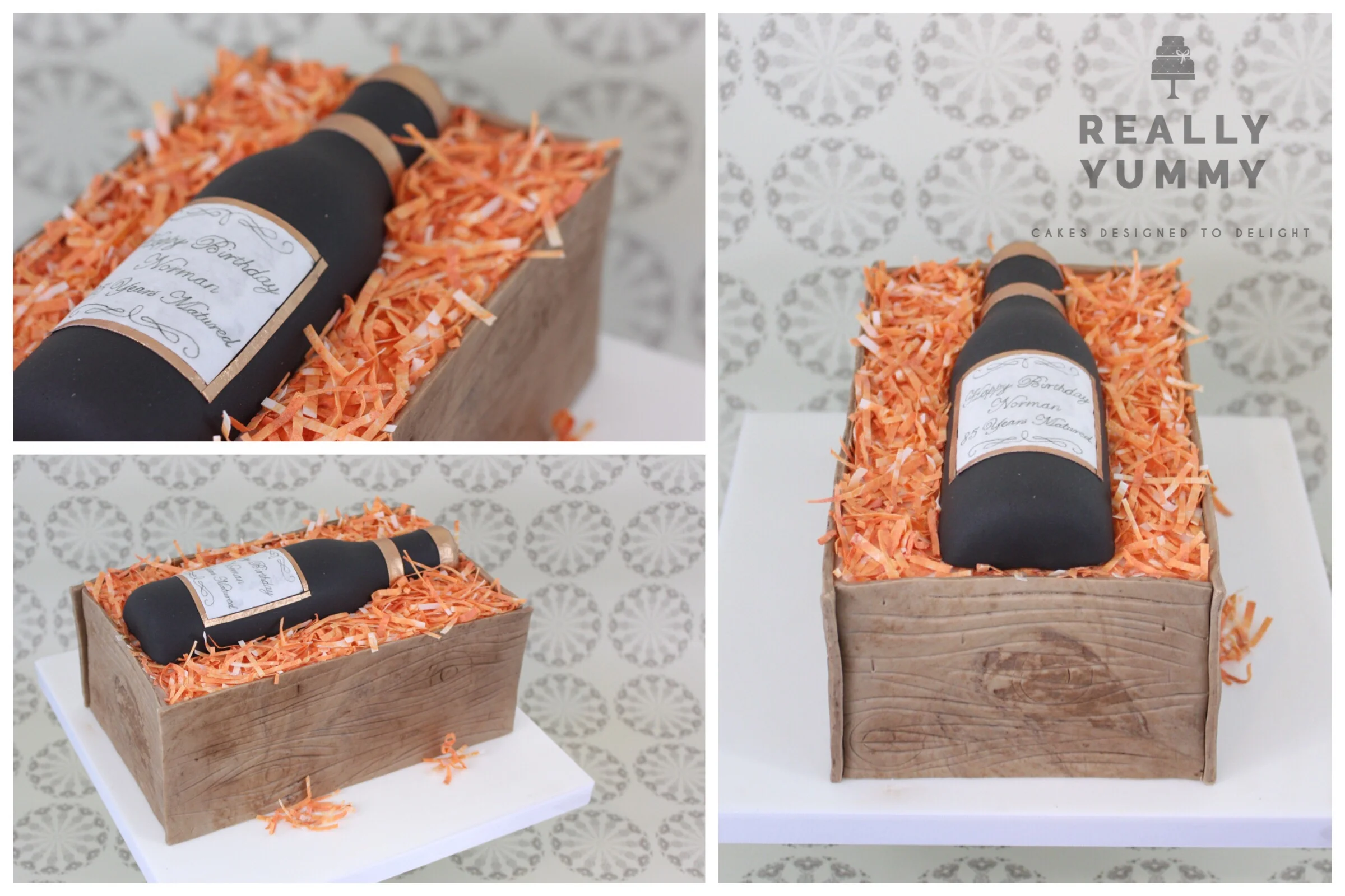 Wine bottle in a crate cake