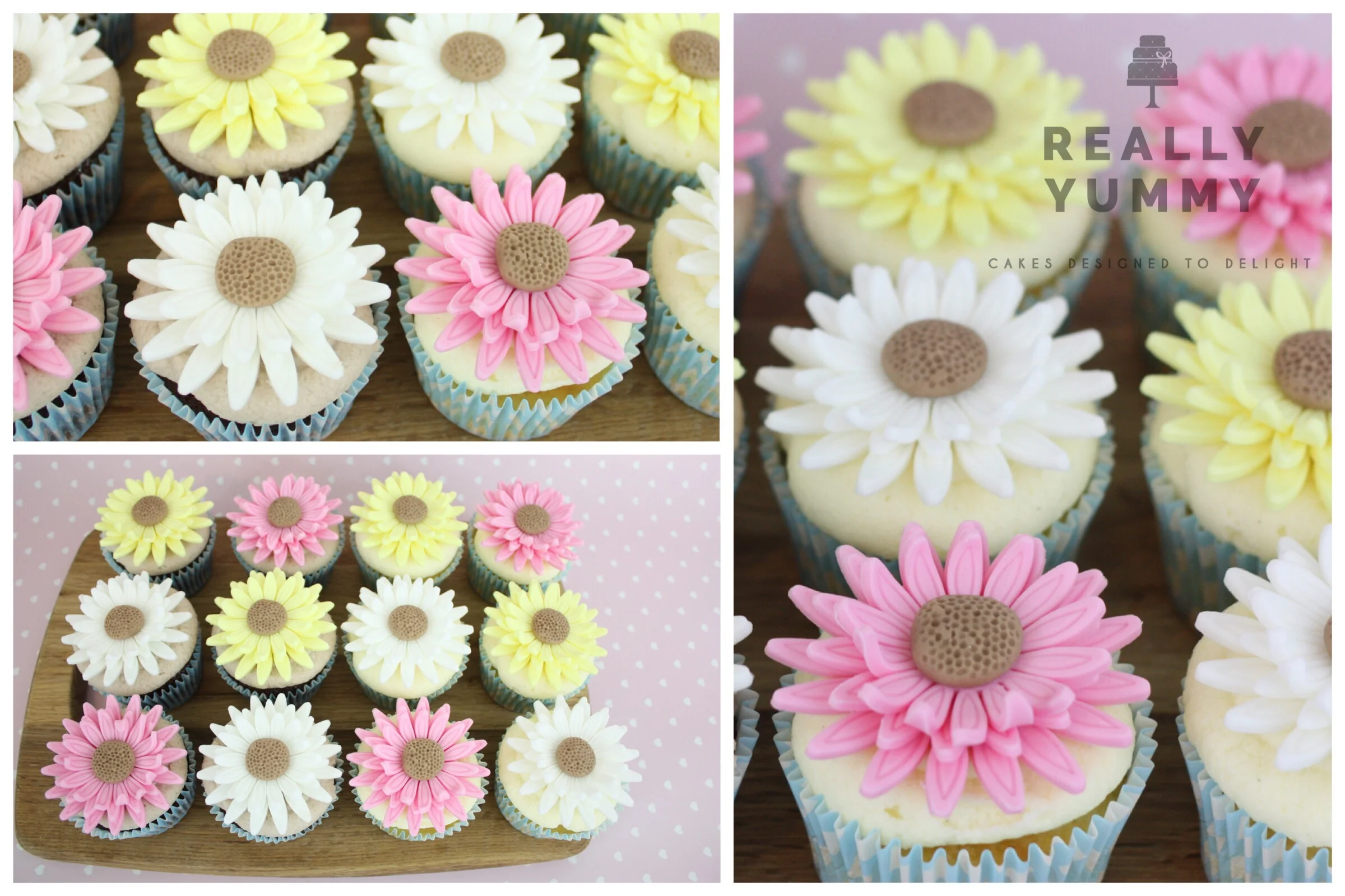 Pink, yellow and white flower cupcakes