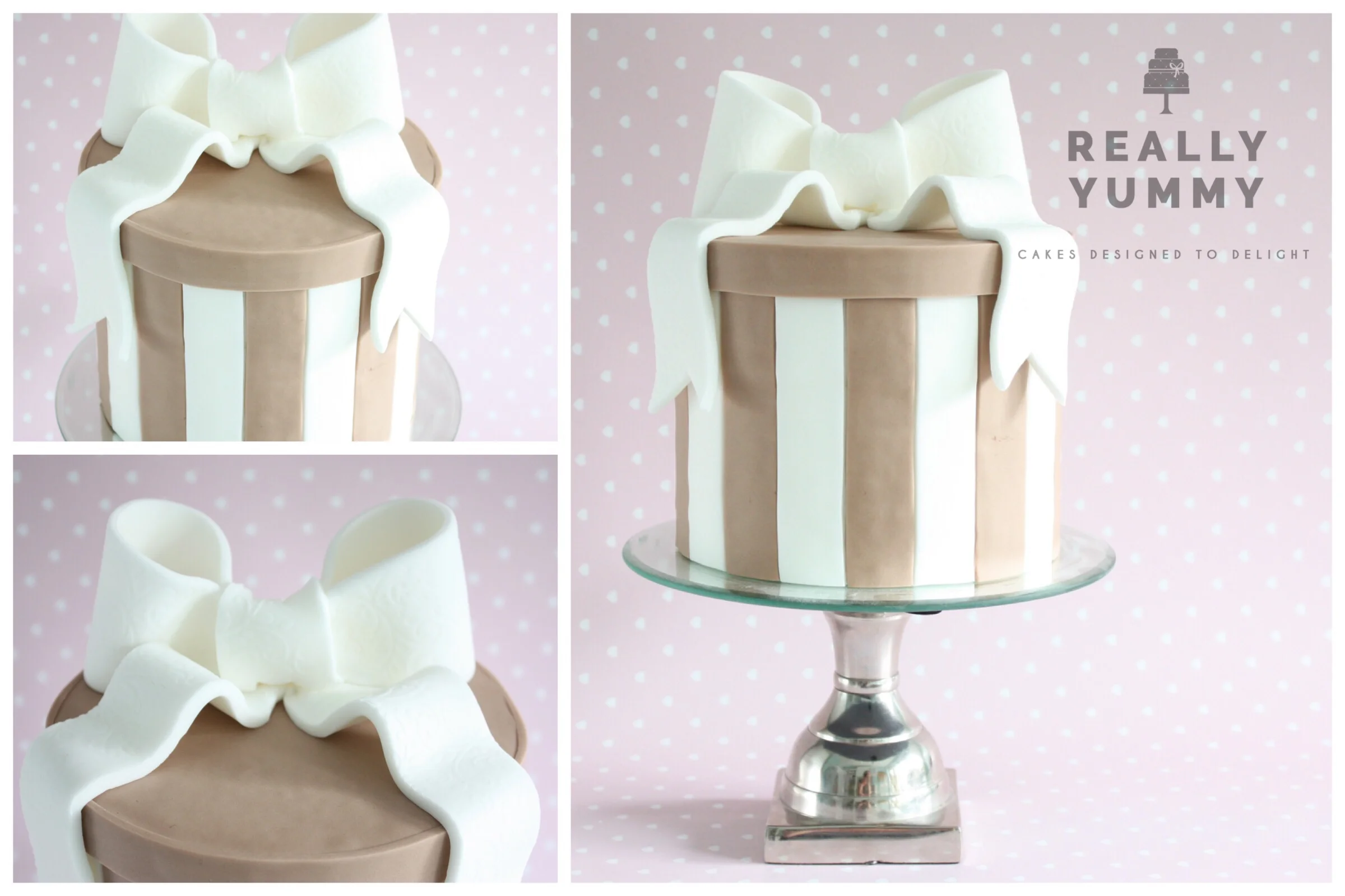 Striped cake with a bow, in neutrals