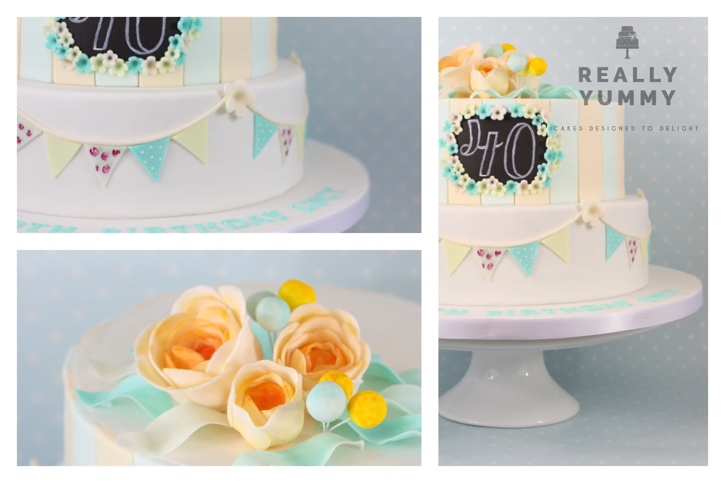 40th birthday cake with bunting and flowers