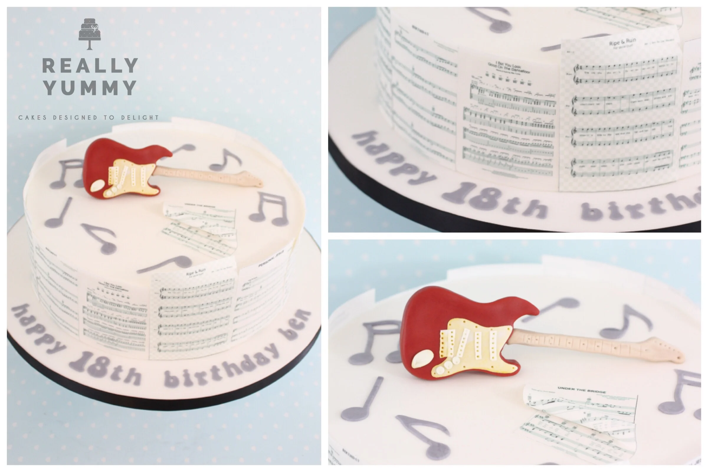 Music cake, with red guitar and edible sheet music