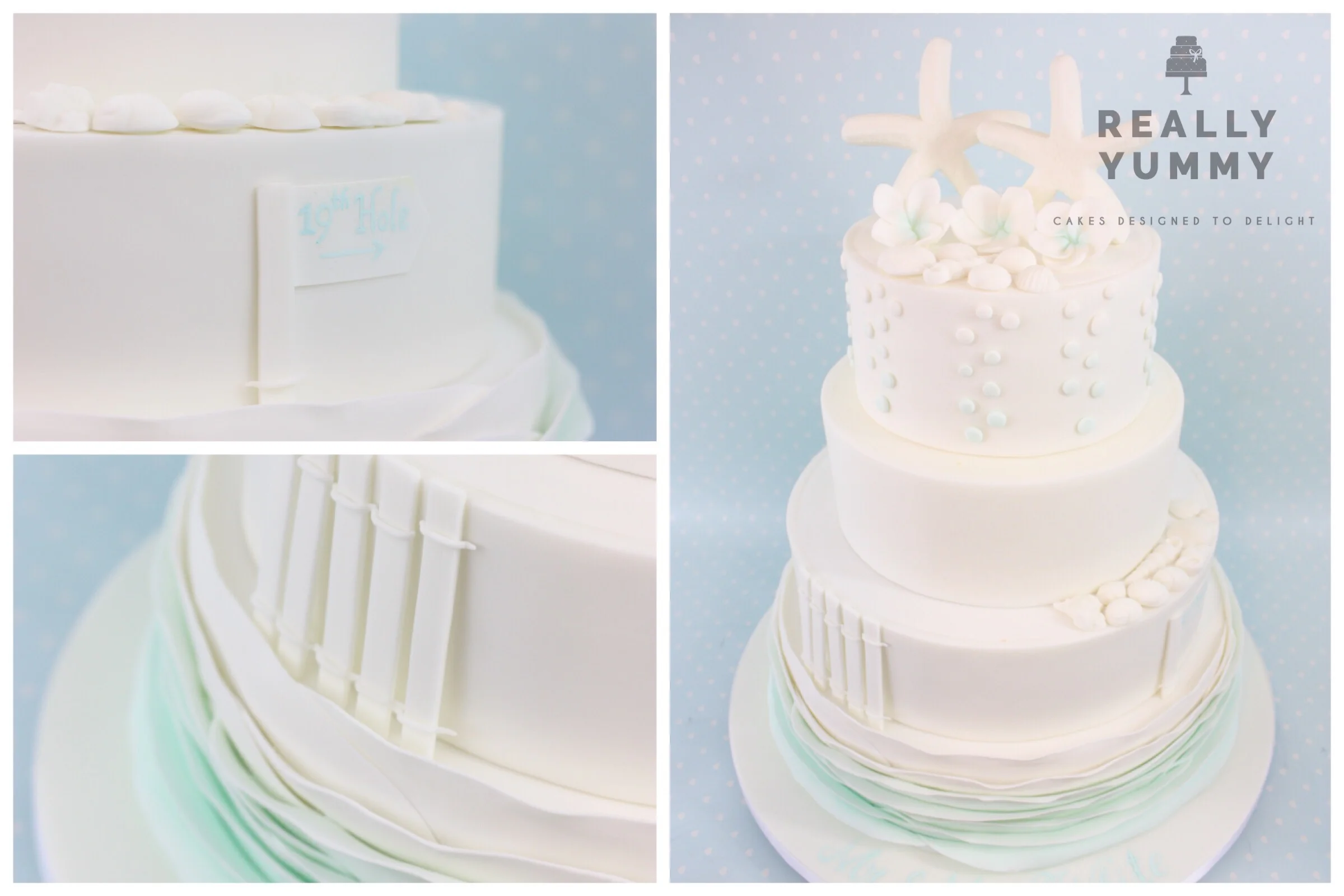 Beach-themed wedding cake, with starfish and shells